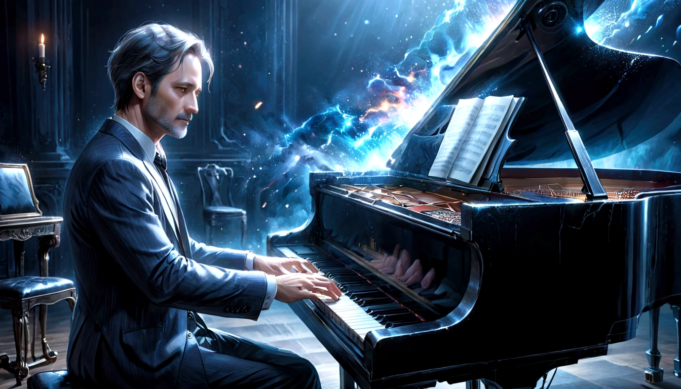 A 40-year-old man playing the piano