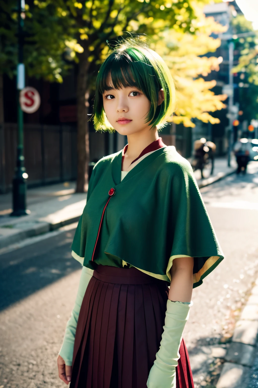 lens 135mm f1.8, (fisheye lens), (masterpiece, best quality:1.2), (raw photo), dappled sunlight, dramatic lighting, (beautiful Japanese Sweden girl), (looking away), (chiseled face:0.7), (freckles:0.6), (shame smile:0.8), (flat bangs:0.8), (short-cut:1.2) semi-buzzcut (green color hair:1.3), (dark green oversized poncho), (dark red color Tunic), (dark red color pleated skirt), (at the sunlight street),