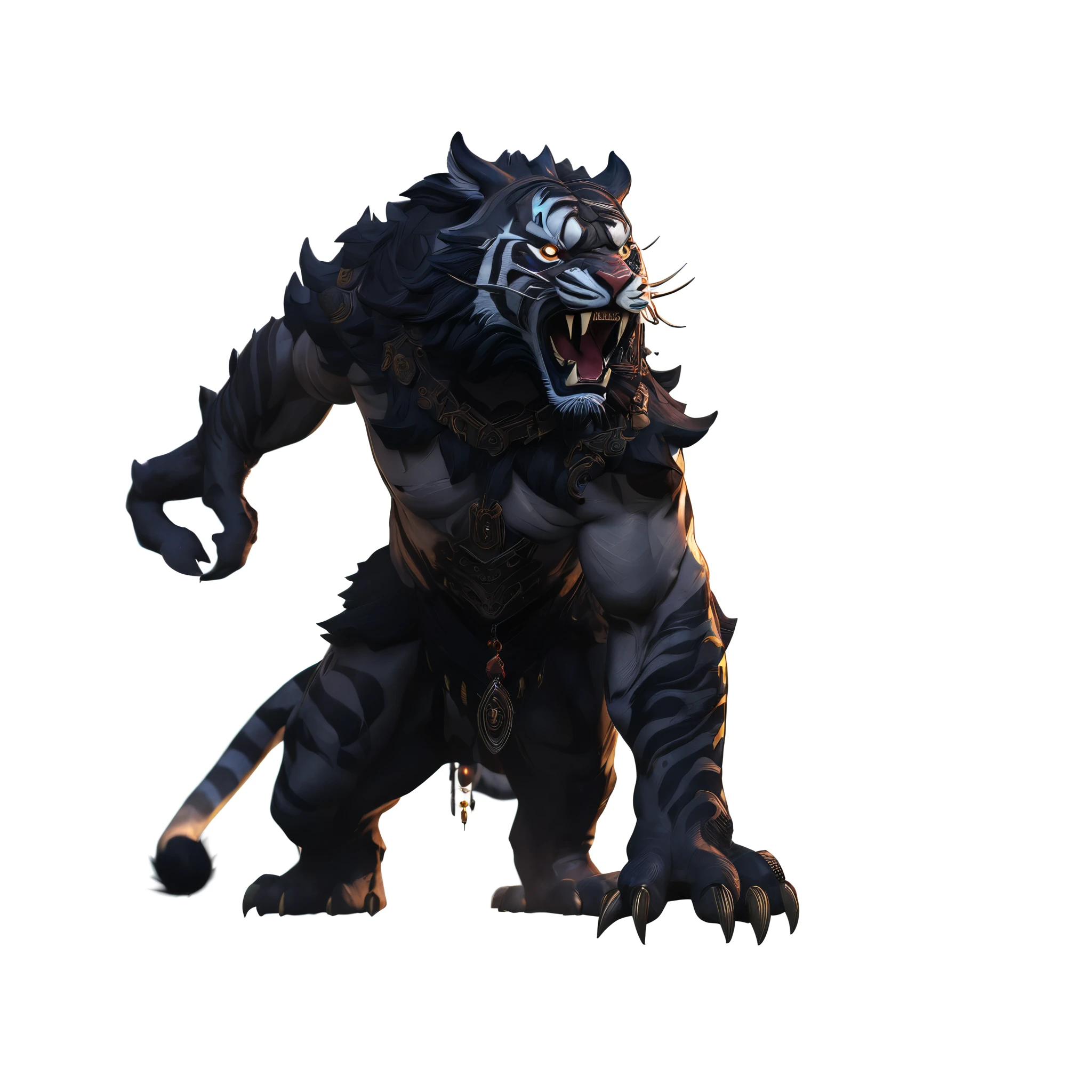 Original Artwork画风，doll，Dark Keeper，"Chinese Tiger Demon"，，Western Mythology，Roar，ferocious，huge，Full body front view，Full body portrait author：Ian McQue, Impressive & Practical, Ultra Detailed, Crazy details, Intricate details, Kinesiology, editorial art, tilt blur, Super Resolution, Megapixels, Unreal Engine 5, Studio Lighting, volume, Optical, Diffusion luminescence, shadow, Proportion, Rough, sparkling, Ray tracing Reflections, smooth, Lumen reflection, Screen Space Reflections, Diffraction level, Chromatic Aberration, National standard conversion, Ray tracing, Ray tracing Ambient Occlusion Anti-Ali asing, Post-Processing, Post-production, cel shading, Tone Mapping, Extremely detailed and complex, Hyperpolarizers, smooth, Original Artwork, Super detailed, Dynamic poses, Surrealism, Human Development Index, 8k Dramatic Lighting, Dark, Wide-angle view, panoramic, Main colors：Dark black
