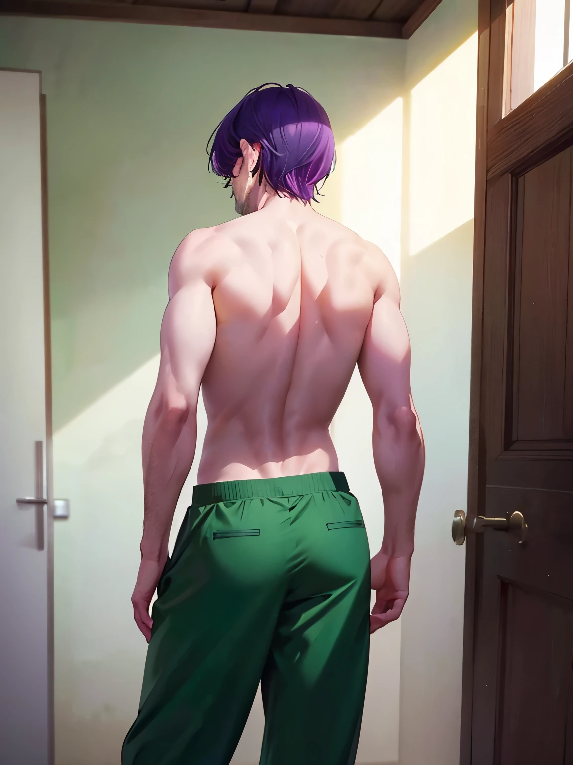 1 old man, 70 years old, short hair,Facing backwards, camera angle from behind, photo from behind, looking away, purple hair, green eyes, purple mustache, Without clothes (nude),long green trousers,ultra detail, ultra HD, standing,Thin body,half body photo