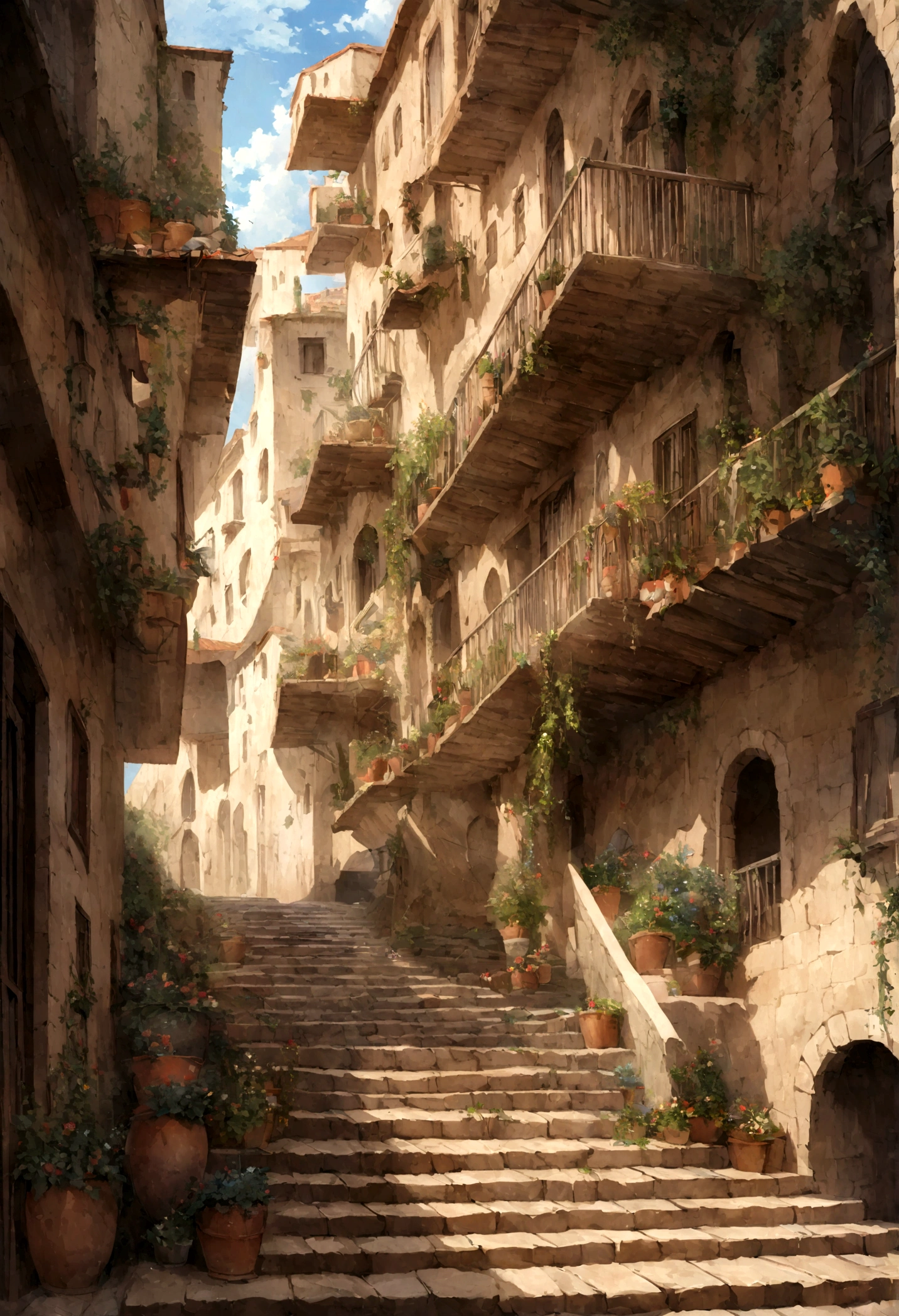 paisaje hurbano ciudad edificios oil painting escaleras