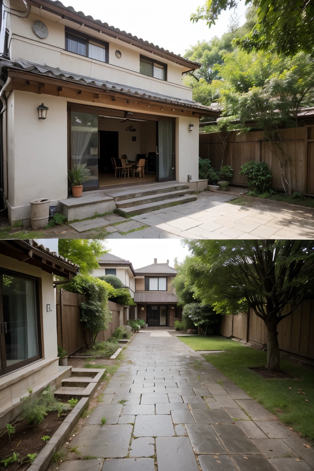 ((best quality)), ((masterpiece)), (detailed), The apartment consists of 4 rooms，Room 1 next to another，Carriage House。The tall and narrow kitchen faces the yard，There is a stone path in the yard，Surrounded by a piece of acidic land like cement，Nothing grows in the ground.。However，There is a tree growing in the yard。The entire tree is like a group of people with different postures.，Standing in the rain，Holding an umbrella。The tree grew to the height of the second floor。