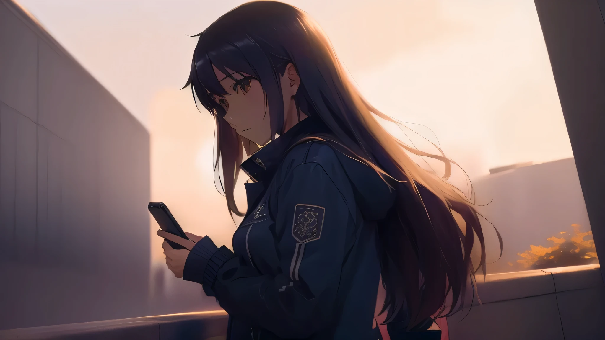 anime girl with long hair and a black jacket looking at her phone, In the style of Makoto Shinkai, anime style. 8k, Makoto Shinkai style, makoto shinkai. Digital Rendering, Makoto Shinkai's art style, anime. Soft lighting, ( ( makoto shinkai ) ), Kyoto animation still images, makoto shinkai. Octane Rendering