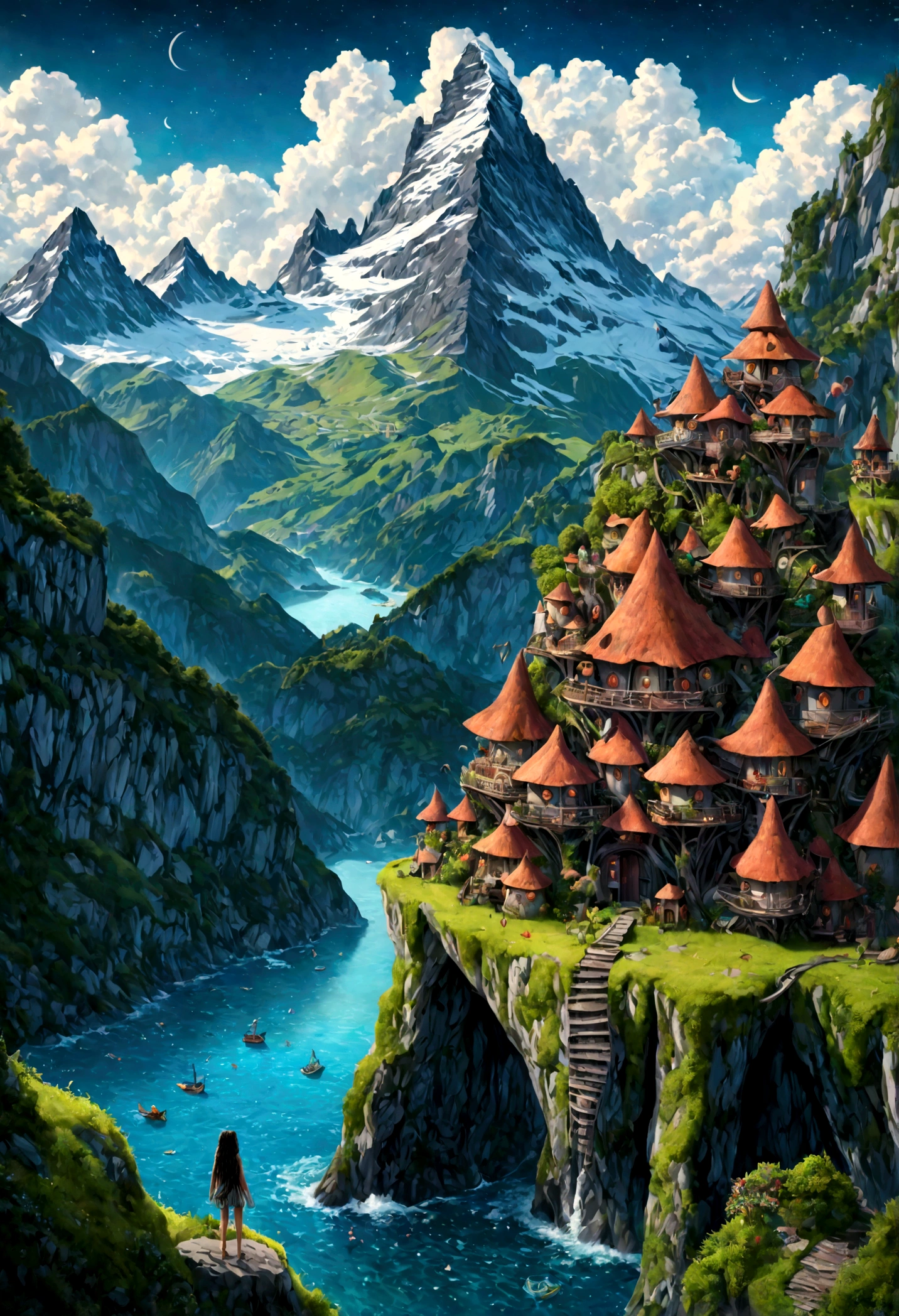 view from height,full-body-shot,Very tall babygirl fairy ,The Alien Entity,moana, adventures,Cinematic, Technicolor,natural skin textures, hyper realisitc, hyper detailed,Extremely detailed,High contrast,Masterpiece,Realistic,Ultra Detailed,intricate details,realistic humid skin,extremly intricate,Epic Realistic, Romantic, cinematic style,irina yermolova, messy hair,luminous eyes,extremely detailed, [night landscape],masterpiece,intricate details,faded,eyes extremely detailed, high detailed eyes,4k resolution,RAW, Nikon Z9,village of fishers on seaside,Matterhorn of Switzerland-Italy Border,Kobold,n a Tim Burton inspired dreamscape,Alien invasion，Background of insanity