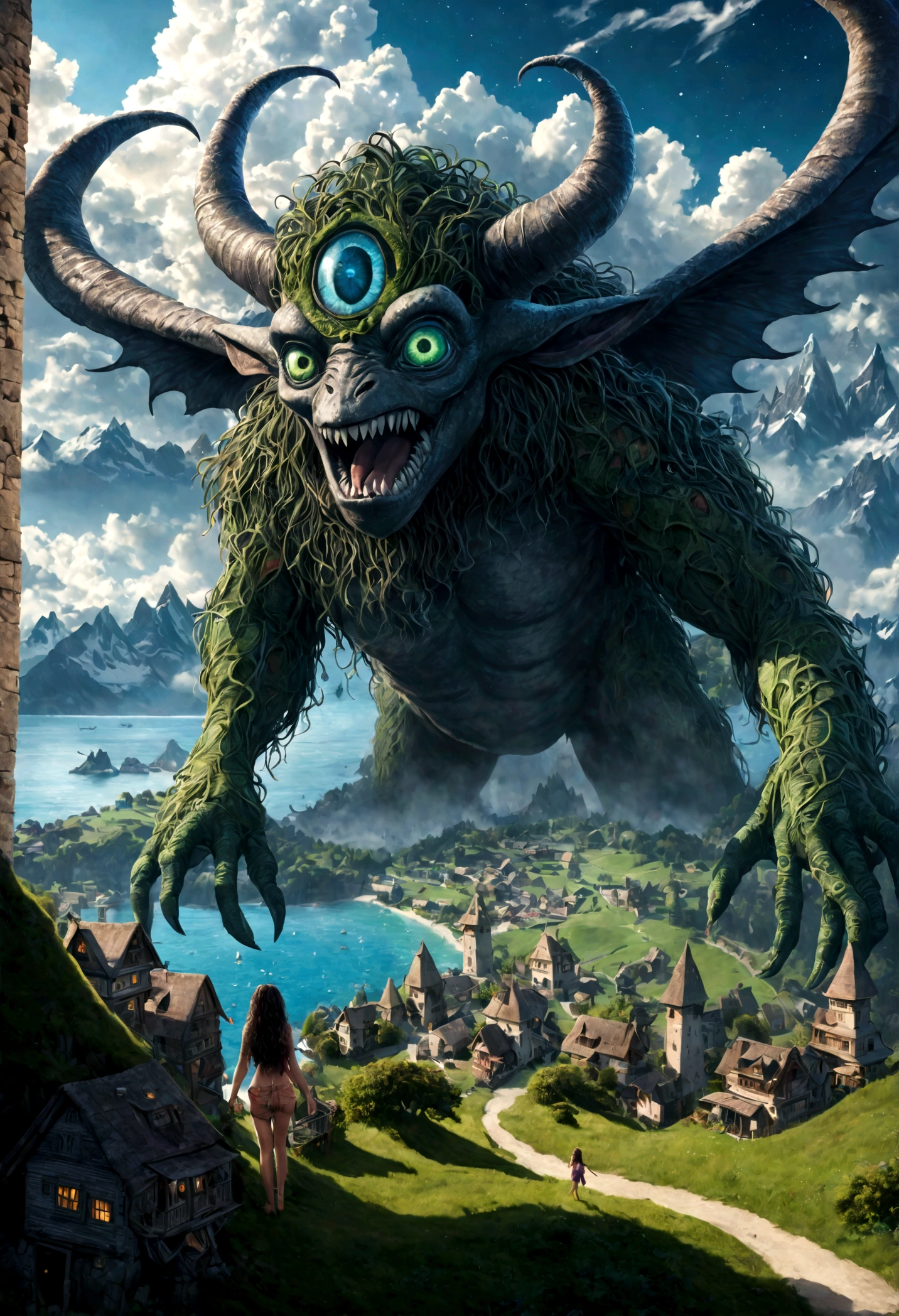 view from height,full-body-shot,Very tall babygirl fairy ,The Alien Entity,moana, adventures,Cinematic, Technicolor,natural skin textures, hyper realisitc, hyper detailed,Extremely detailed,High contrast,Masterpiece,Realistic,Ultra Detailed,intricate details,realistic humid skin,extremly intricate,Epic Realistic, Romantic, cinematic style,irina yermolova, messy hair,luminous eyes,extremely detailed, [night landscape],masterpiece,intricate details,faded,eyes extremely detailed, high detailed eyes,4k resolution,RAW, Nikon Z9,village of fishers on seaside,Matterhorn of Switzerland-Italy Border,Kobold,n a Tim Burton inspired dreamscape,Alien invasion，Background of insanity