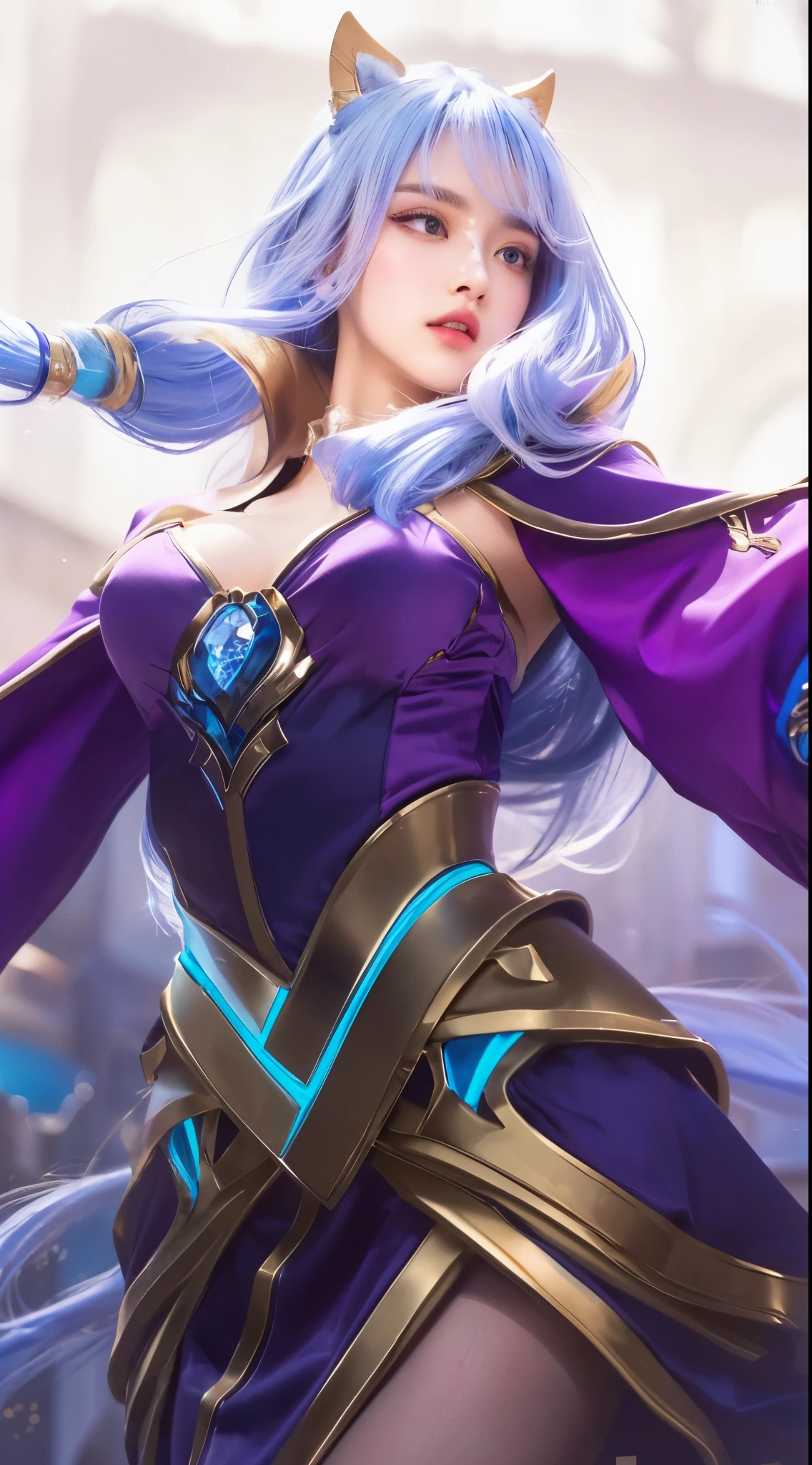 a close up of a woman in a purple outfit, white pony hair, beautiful detailed eyes, beautiful detailed lips, extremely detailed face, long eyelashes, elegant expression, intricate hair details, high fashion clothing, dramatic lighting, cinematic composition, digital art, photorealistic, 8k, hyper detailed, masterpiece