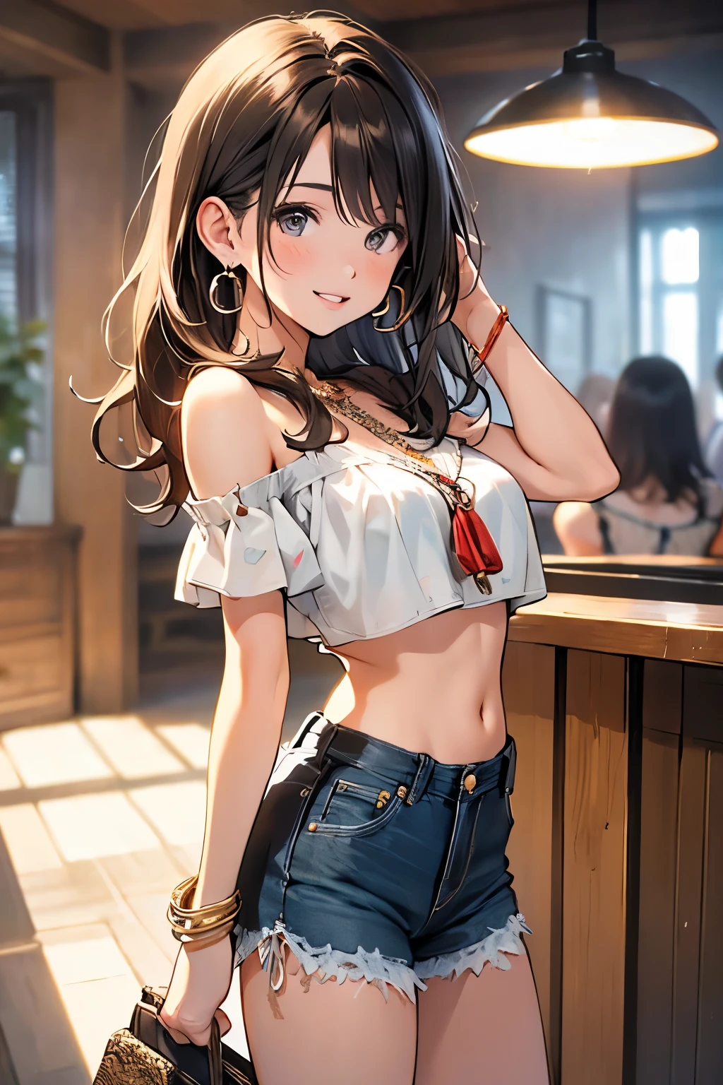 (masterpiece, best quality, ultra-detailed, highres, 4k),(beautiful detailed eyes),(very detailed face),(1girl),HDR,long hair, shorts, phone, brown eyes, brown hair, cellphone, bracelet, Shoulder tops, jewelry, watch, lips, solo focus, nail polish, blurry background, smile, wristwatch, realistic, blurry, looking at viewer、Earrings