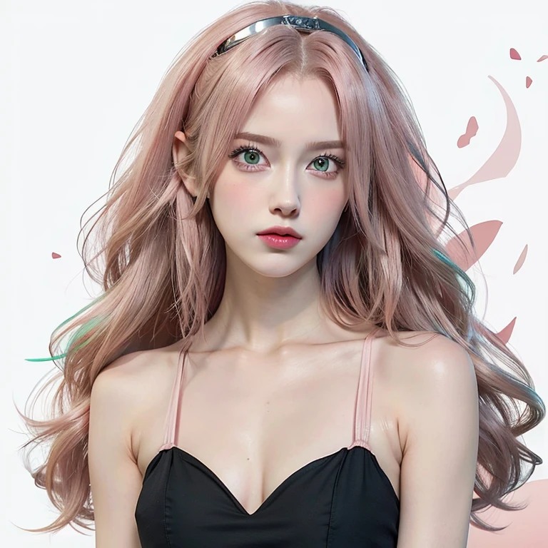 young woman, short shoulder-length pink hair, wide forehead, porcelain skin, pink eyebrows, big emerald green eyes, buttoned nose, full lips, heart-shaped face, slender body, small breasts, red tank top, Sakura Haruno , realistic, realism, details, 3d, well detailed