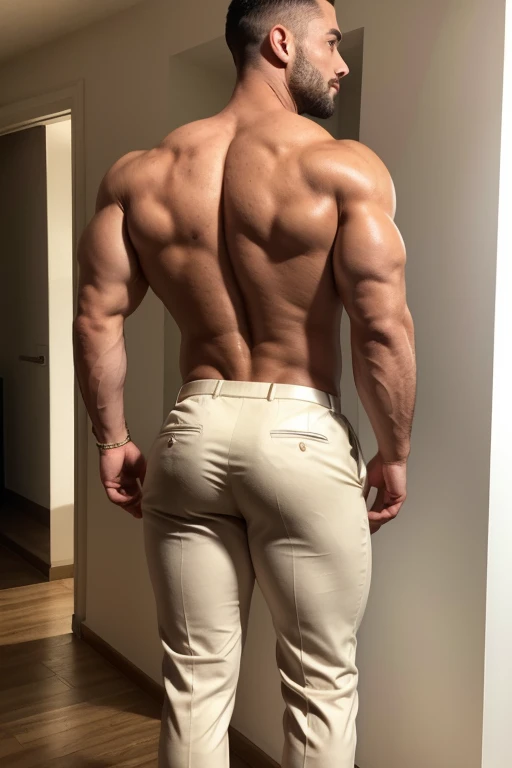 Beautiful man 30 years old, muscular body, barba rala, mas seu rosto esta iluminado pela fogueira. Creme formal trousers ((backside))