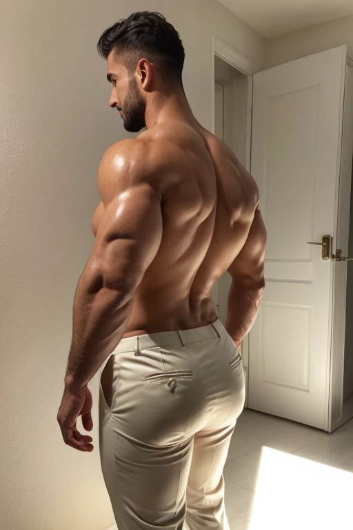Beautiful man 30 years old, muscular body, barba rala, mas seu rosto esta iluminado pela fogueira. Creme formal trousers ((backside))