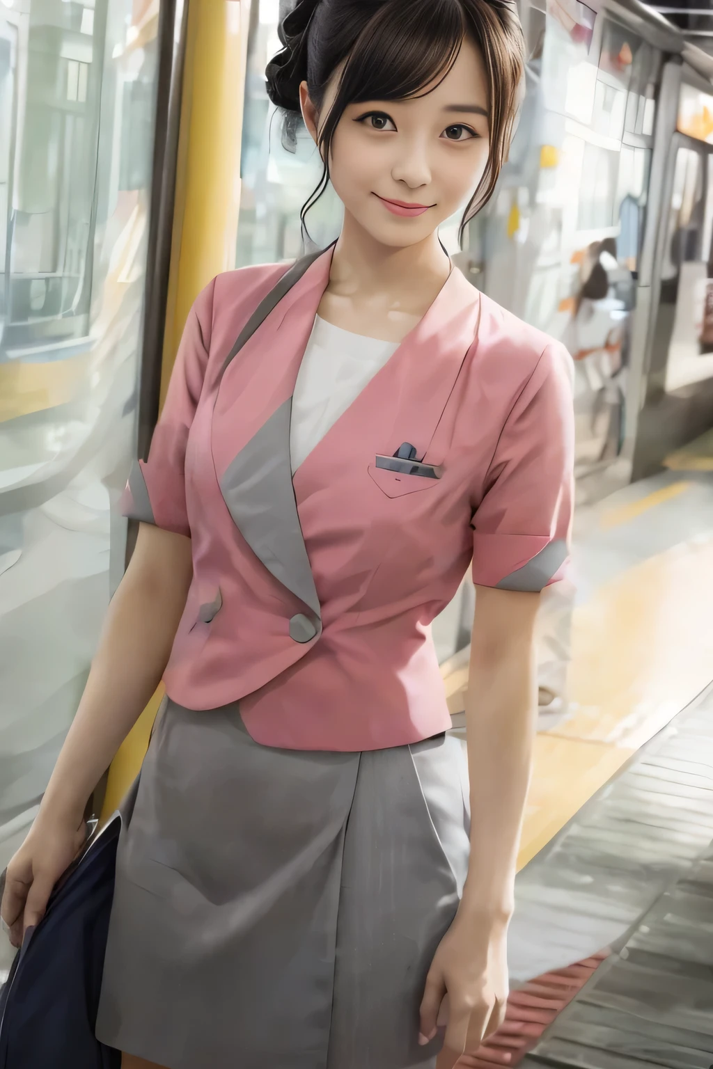 (masterpiece:1.2, Highest quality:1.2), 32k HDR, High resolution, (alone、1 girl)、 (Height: 160cm)、(On the rooftop of a building in the daytime、Professional Lighting)、Building rooftop background、(Nankai train crew uniform pinkを着たリアルスタイル)、(Nankai train crew uniform pink short sleeve collarless pink jacket、Nankai Train Crew Uniform Pink Collarless Short Sleeve Blouse、Nankai Train Crew Uniform Pink Grey Knee-length Culottes)、(The pink jacket is showing from the culottes.)、Dark brown hair、(Long hair that goes up to the chest、Let your hair down)、Long Shot、Big Breasts、Thin legs、((Great hands:2.0)),((Harmonious body proportions:1.5)),((Normal limbs:2.0)),((Normal finger:2.0)),((Delicate eyes:2.0)),((Normal eyes:2.0)))、smile、(Nankai Train Crew Uniform Pink Grey Knee-length Culottesを見せた美しい歩く姿)、Place your hands around your stomach