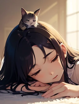 masterpiece, 最high quality, (((Girl lying face down)))、((Cat lying on head))、, Beautiful details, Beautiful and sophisticated cat,, very fine fur, Soft and fluffy, Adorable, Playful, Curious look, Long Hair Girl, Girl looking up at cat, Intricate details, high quality, 8k, Realistic, masterpiece, Natural light, Warm tones