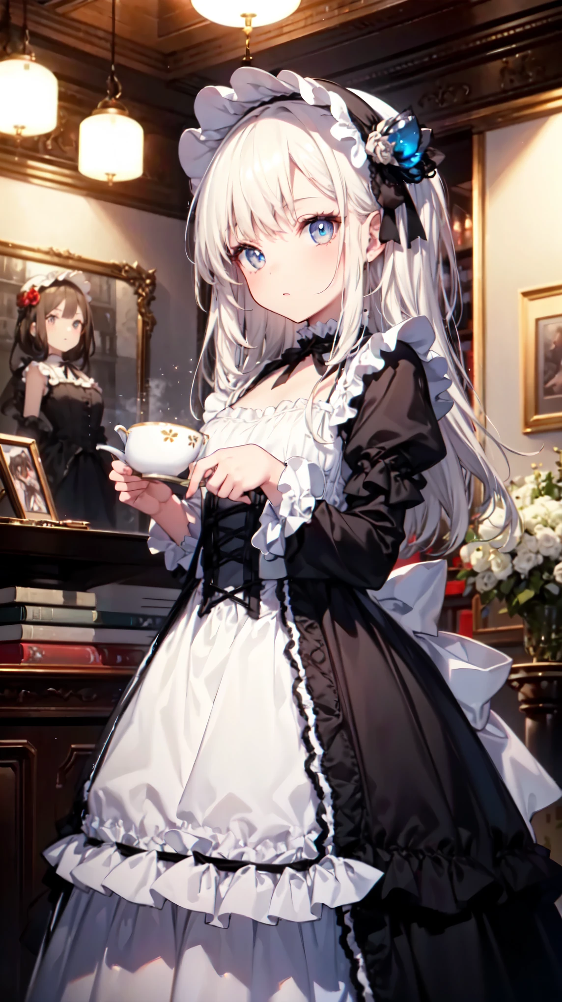 highest quality, masterpiece, Symmetrical and highly detailed eyes, flesh female, Highly detailed background, tendency (Art Station:1.46), Surreal, Cinema Lighting, Studio Quality, 8k resolution, masterpiece, A scene from a tea party with gothic lolita cosplayers、Gothic Lolita costume girls in the background、Everyone is showing off their cosplay in their own way.、An elegant white dress with a black base and a chest-hiding design、Highly detailed frills、Bonnet on vertical roll、Skirt inflated with panniers、gothic lolita style、Lolita girl in white elegance black dress decorated with ruffles、A skirt with a vertical roll pannier、Pixar Style, Tristan Eaton、Stanley Artgarm、Tom Bagshaw