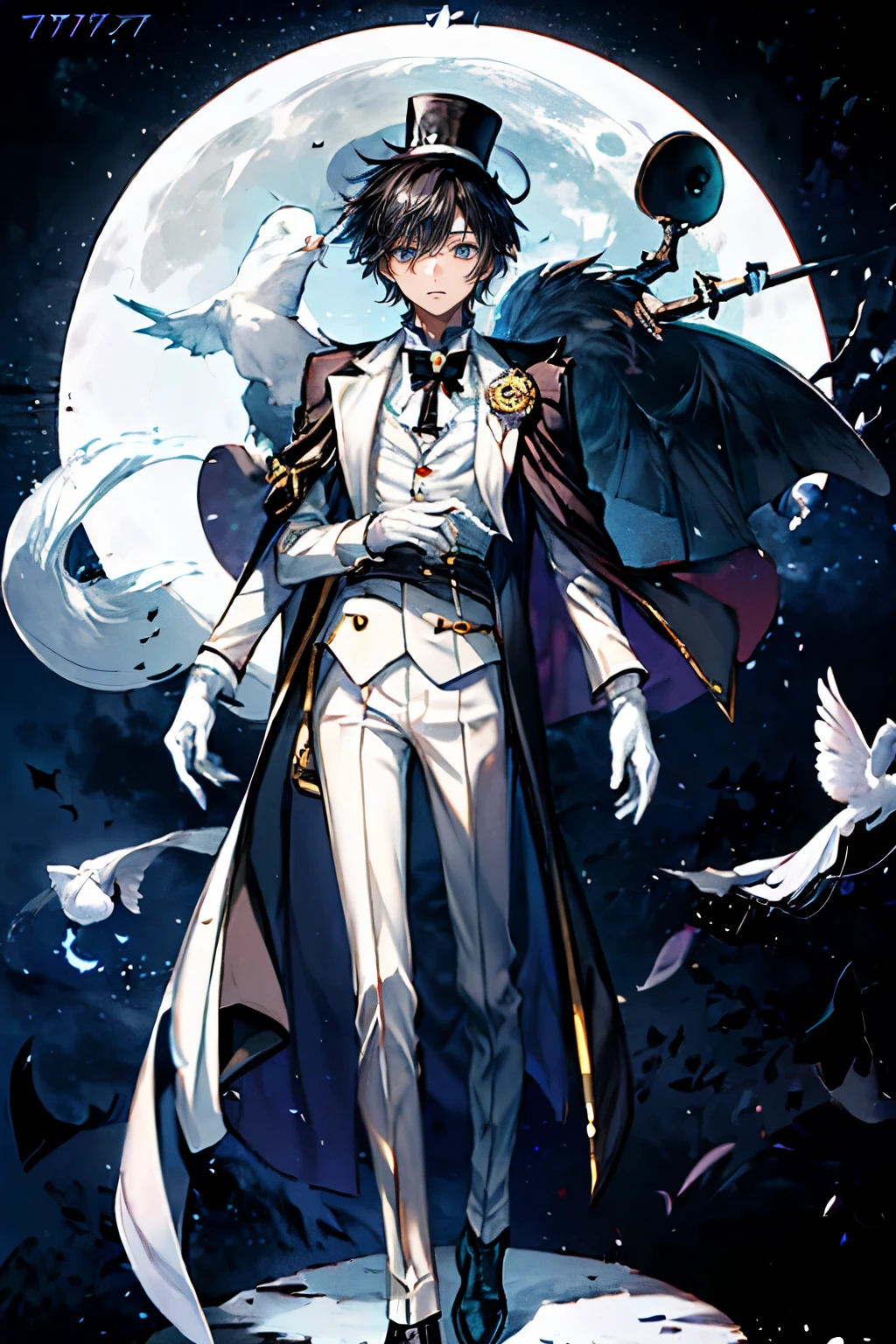 (Mastepiece), (Best Quality), Very detailed, (( boy:1.5)), Perfect Face, Beautiful Face, Very detailedな顔,(Full body photography:1.3)、(Black short hair:1.3),Thief、(White Suit 1.4)、(White Top Hat 1.4)、(White Gloves 1.4)、(Monocle 1.3)、(Playing cards 1.2)、(White Moon:1.4)、(Night Sky:1.5)、(White Dove:1.3)