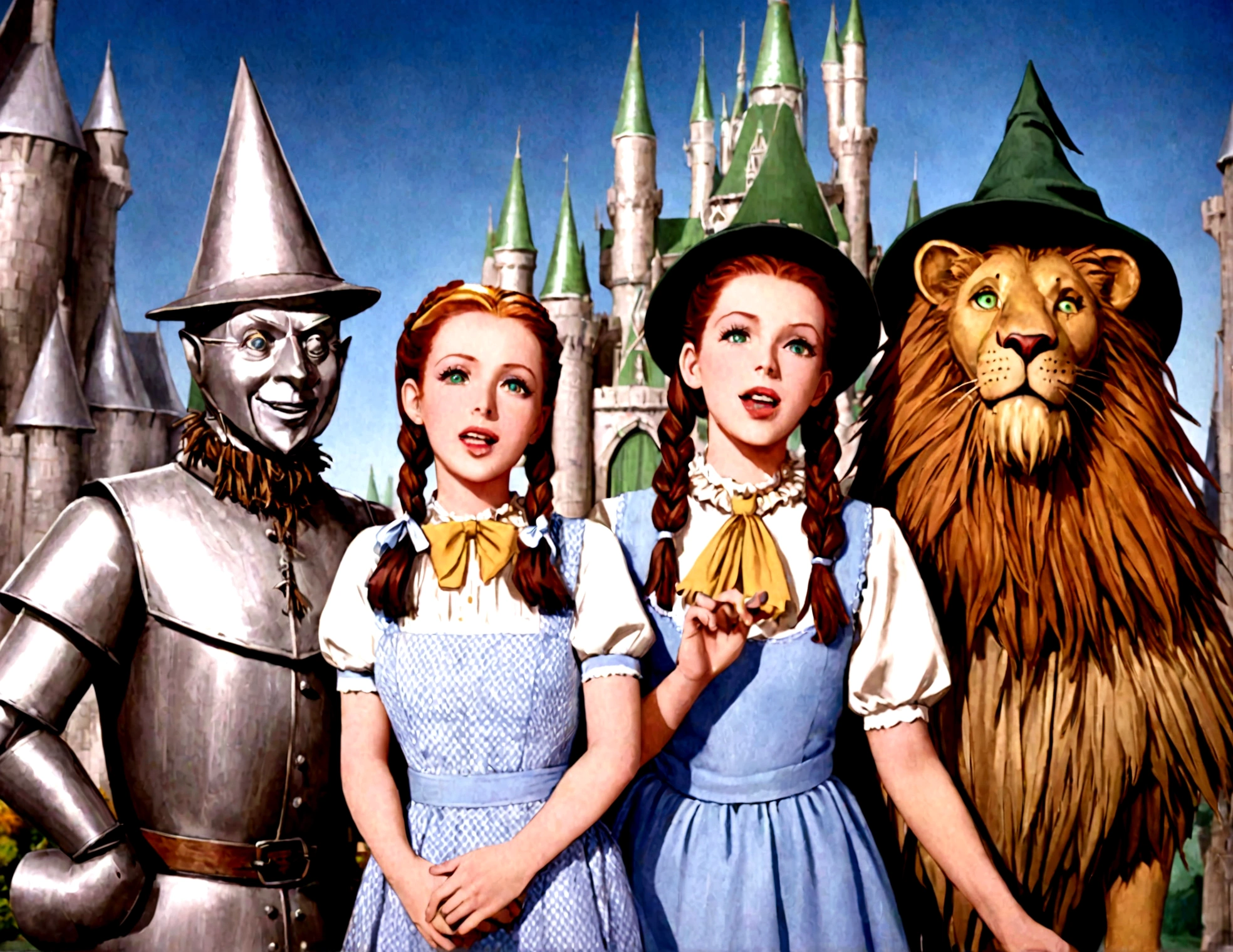 The Wizard of Oz，Tin Man，scarecrow，Dorothy，Lions group photo，The Emerald Castle and the Golden Mile are in the background