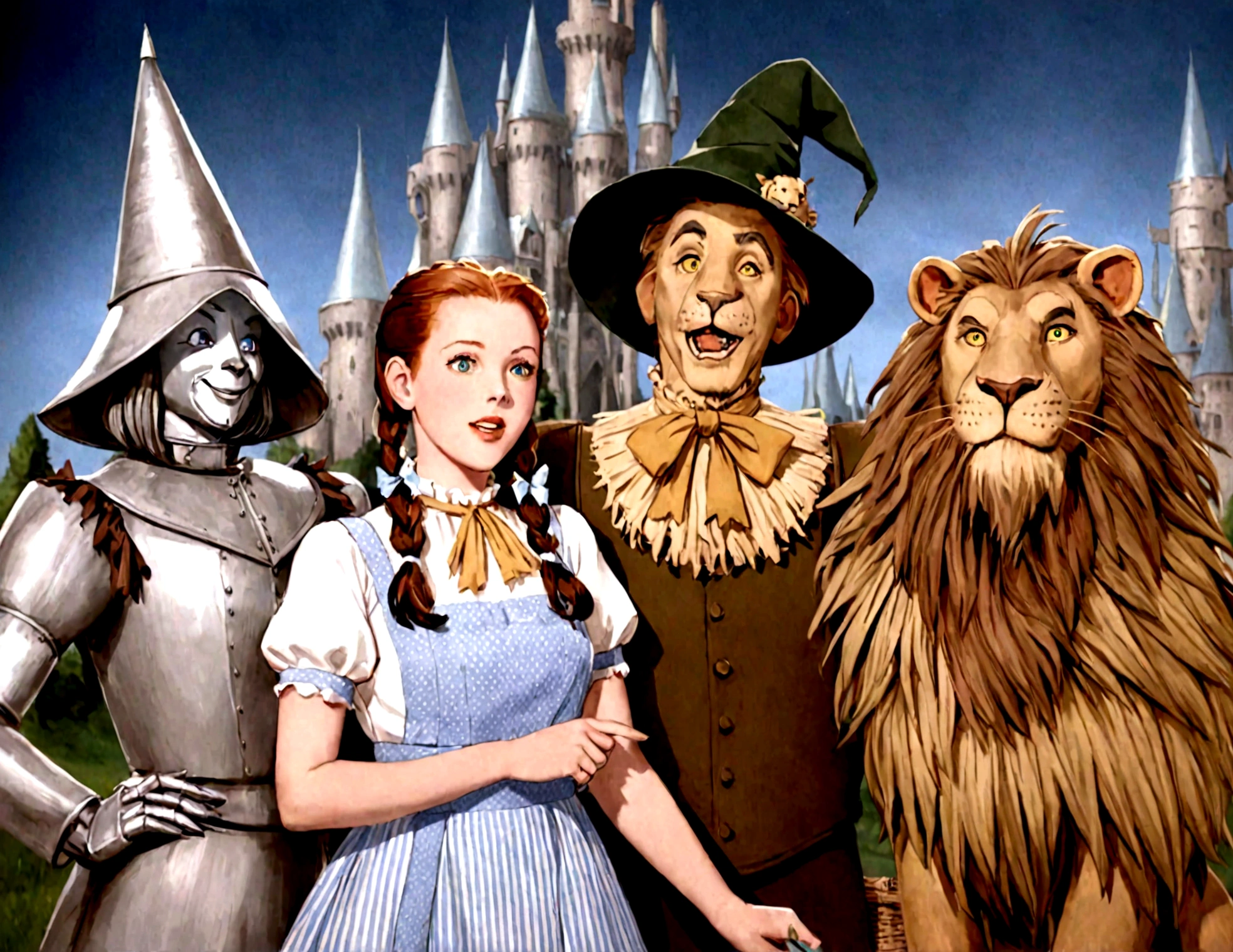 The Wizard of Oz，Tin Man，scarecrow，Dorothy，Lions group photo，The Emerald Castle and the Golden Mile are in the background