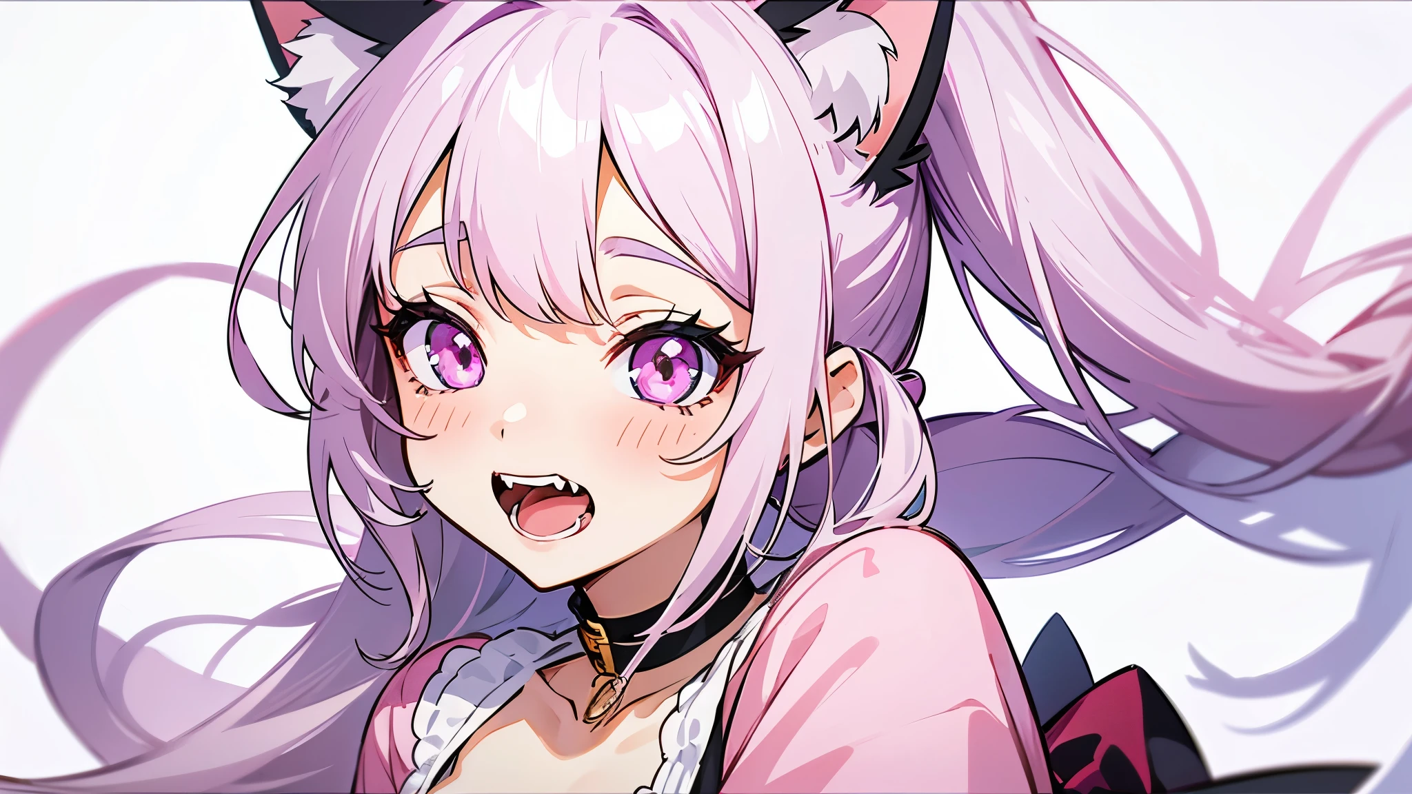 one girl, very beautiful face, beautiful eyes, detailed eyes, detailed face, detailed hair, masterpiece, anime girl, pink eyes, silver hair, , kawaii, two pony tails, very young, big , pixiv, illustration, very high quality, masterpiece, , pink cheeks, looks at you, blush, yandere, cat girl, kitty, cat ears girl, girl with cat ears, cute expression, fangs, cat teeth, vampire teeth, open mouth