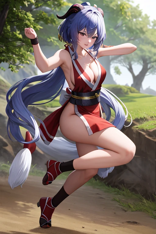 masterpiece, best quality, beautiful art, high resolution, well formed hands, body and fingers, 1 woman, solo, Ganyu, goat horns, grown up , adult, hair ribbon,big breasted, cleavage, full body, long hair, hair ornament gorgeous legs and thighs, cosplaying as Mai Shiranui , she is fighting in a combat match at a martial arts tournament, she is getting ready to fight, making her guard pose, action and fighting scene, about to hit the viewer, looking at the viewer, sweating , feeling confident and proud, smiling joyfully and happily, charming her opponent with her beauty, bouncing breasts, fighting scene, martial arts tournament on the beach