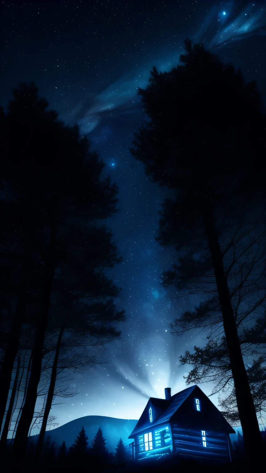 A Quiet Cabin in the Depths of the Forest,
Enshrouded in the Darkness, Tender Illumination,
A Fascinating Glow Pervades the Surrounding Shadows,
The Sky Above Displaying a Mesmerizing Deep Blue Hue,
Fluffy Clouds Scattered Across the Sky,
Twinkling Stars and a Stunningly Clear Crescent Moon Await,
To Increase the Allure, a Majestic, Shimmering Butterfly Flutters Gracefully in the Air,
Their Wings Emitting a Magical, Enchanting Light.