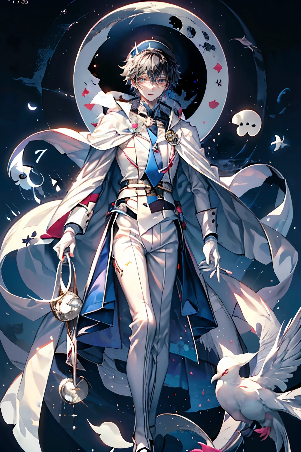 (Mastepiece), (Best Quality), Very detailed, ((17 year old boy:1.5)), Perfect Face, Beautiful Face, Very detailedな顔,(Full body photography:1.3)、(Black short hair:1.3),Thief、((White Suit 1.4))、(Blue Shirt)、(Pink tie)、((White Top Hat 1.4))、((White Cape:1.4))、(White Gloves 1.4)、(Monocle 1.3)、(Playing cards 1.2)、(White Moon:1.4)、(Night Sky:1.5)、(White Dove:1.3)、magician