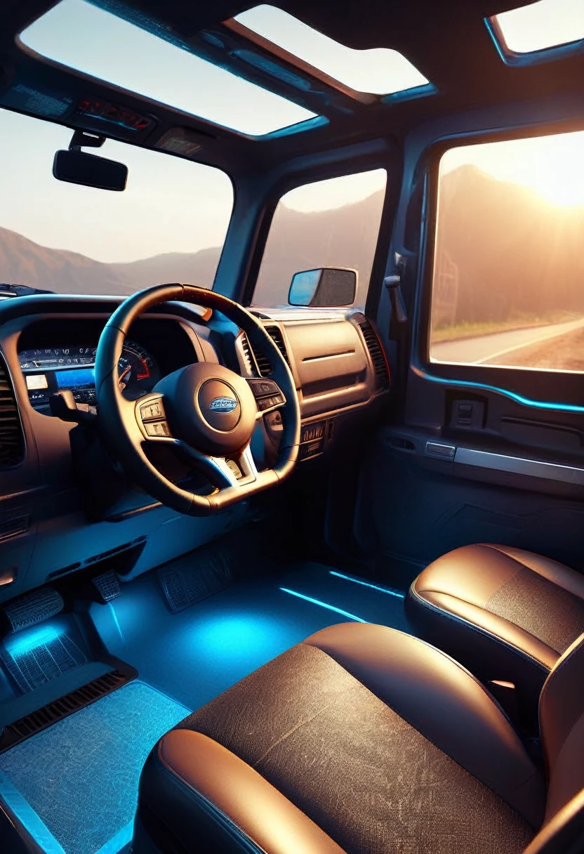 inside the cabin of a truck, steering wheel, speedometer panel, gearshift lever, driver's seat and double passenger seat, in the passenger seat, rest bed on the back of the seat, equipped with LED TV and state-of-the-art stereo generation, ultra detailed, realistic appearance, intricate details, best quality, perfect, 8k