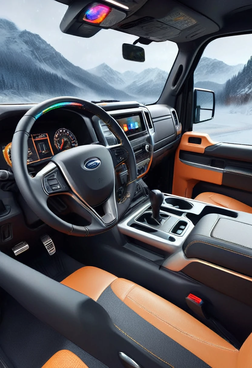 inside the cabin of a truck, steering wheel, speedometer panel, gearshift lever, driver's seat and double passenger seat, in the passenger seat, rest bed on the back of the seat, equipped with LED TV and state-of-the-art stereo generation, ultra detailed, realistic appearance, intricate details, best quality, perfect, 8k