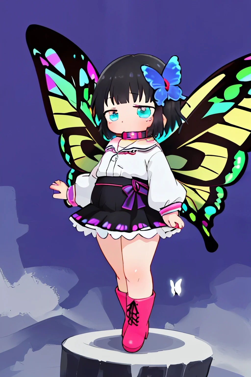best quality, masterpiece, ultra resolution, super details, anatomically correct, (full body:1.2), 1 girl, solo, (junior child:1.2), (black hair:1.2), high quality eyes, high quality hands, clear blue eyes, (medium hair), loose hair, no hair ornaments, white dress with pink band, (white caplet:1.3), (large collar bow:1.5), long sleeves, (wide cuffs:1.3), pink obi, long skirt, (soft ankle boots:1.2), (huge butterfly wings:1.6), (colourful wings:1.6), (imploring in storm:1.3), sad expression, above a town, visible cyclone wind, wide camara, high quality background, detailed background, depth of field, dynamic angle