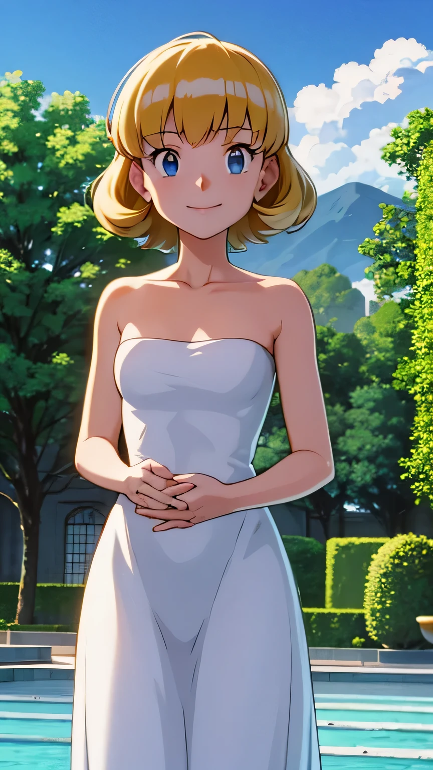 pokemovies, sugimori ken, ken sugimori ken \(style\), anime screencap, masterpiece, best quality, highres, outdoors, small breasts, 1 girl, Solo, Blue Eyes, Beautiful Detail Eyes, Blonde Medium Hair, Short Hair, Bangs, Good hands are down, Smile, Blushing, Bare Neck, Bare Shoulders, strapless, White maxi dress. Standing up. Cowboy shot. A landscape of blue skies, a mountain, a mansion, an garden maze, a water pool 
