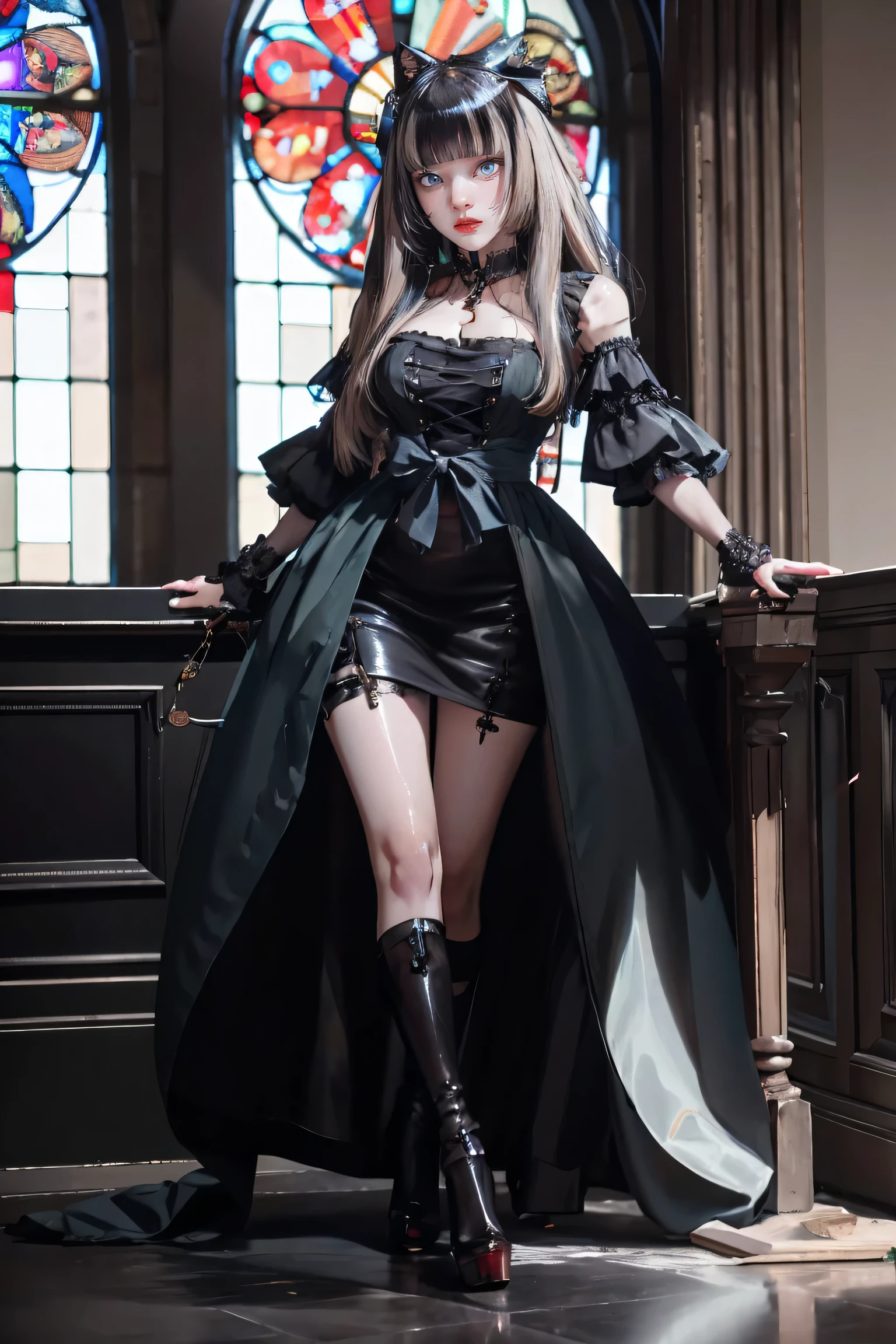 misa amane, Death, Blonde, Twin tail hair, Black Ribon, gothic dress, Short skirt, no sleeves, 1girll,(Captivating quality:1.4),(True textured skins of the highest quality), Delicate face,Black hair, Gradient Hair, petite body,(perfect bodies:1.1), There is a jewel on the forehead, rimless eyewear, PUPILS SPARKLING,long eyelasher,grin, hyperphotorealism, Cinematic lighting, projected inset, surrealism, hyper HD, masutepiece, 16 K,Lie down,Dream On,Please wear clear silk pajamas,Carmelto,legs slightly open,tattooed,Fantasy space,Luxurious space