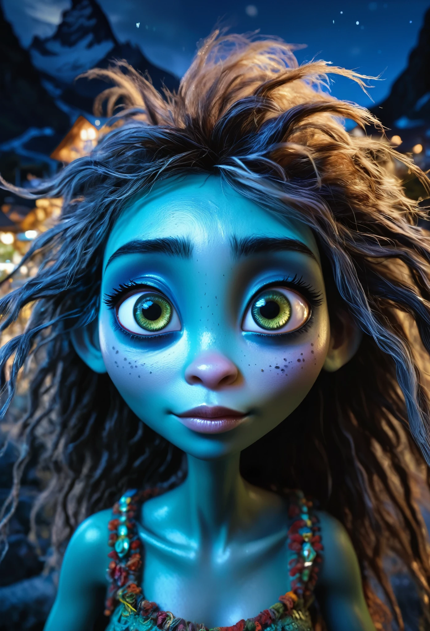 view from height,full-body-shot,Very tall girl fairy ,The Alien Entity,moana, sassiness,Cinematic, Technicolor,natural skin textures, hyper realisitc, hyper detailed,Extremely detailed,High contrast,Masterpiece,Realistic,Ultra Detailed,intricate details,realistic humid skin,extremly intricate,Epic Realistic, Romantic, cinematic style,irina yermolova, messy hair,luminous eyes,extremely detailed, [night landscape],masterpiece,intricate details,faded,eyes extremely detailed, high detailed eyes,4k resolution,RAW, Nikon Z9,village of fishers on seaside,Matterhorn of Switzerland-Italy Border,Kobold,n a Tim Burton inspired dreamscape,Alien invasion，Background of insanity