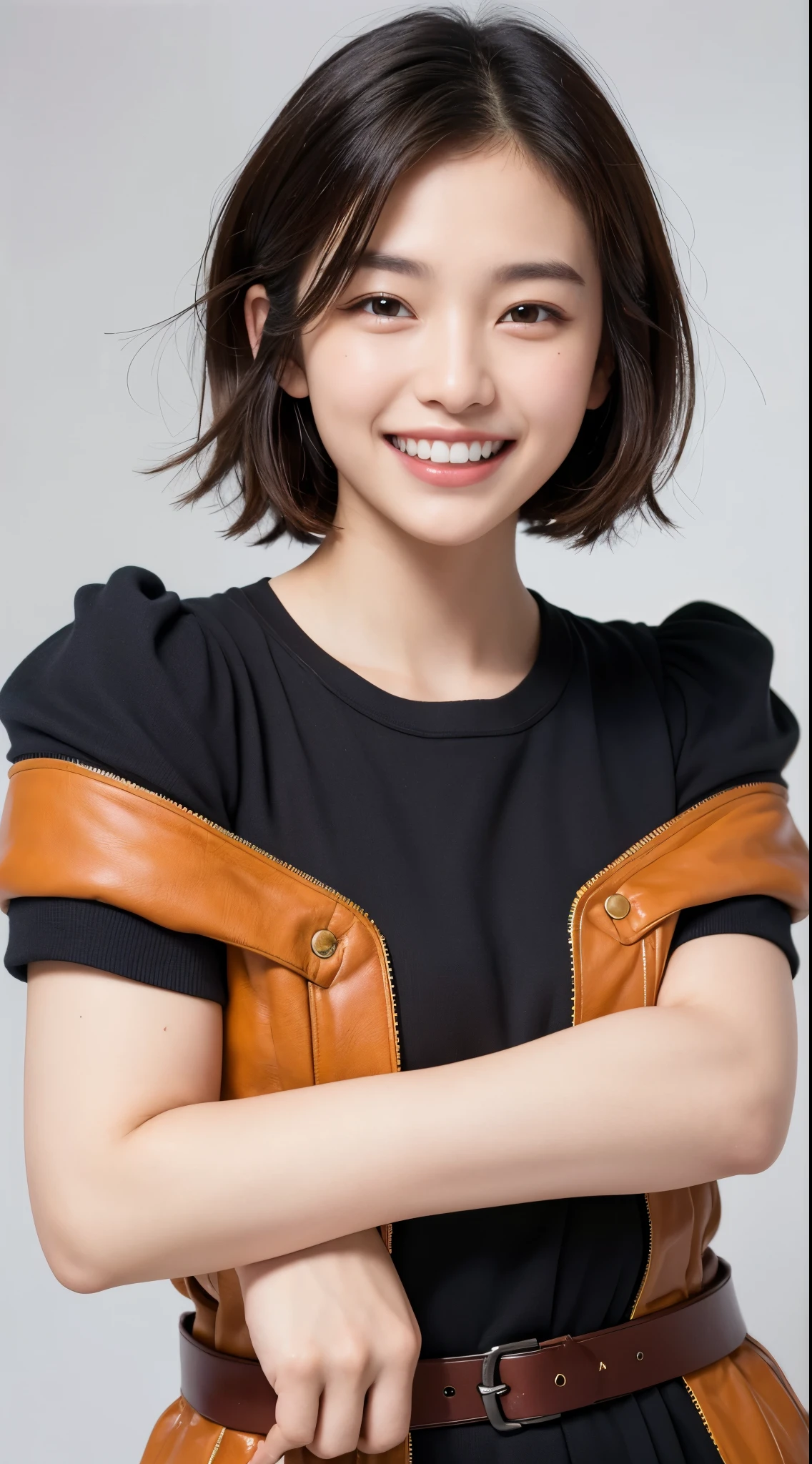 (highest quality, masterpiece, Ultra-high resolution, photo-Realistic:1.6), (Portraiture, Face to face), 1 girl, 19 years old,Mature face,Raise your arms and clench your fists, (K-POP,ky2 costume), (Very short hair), (short bangs above the eyebrows,,), (Look up at the audience), Realistic, (Simple solid color background), Image Media Chest), (Smile with visible teeth)