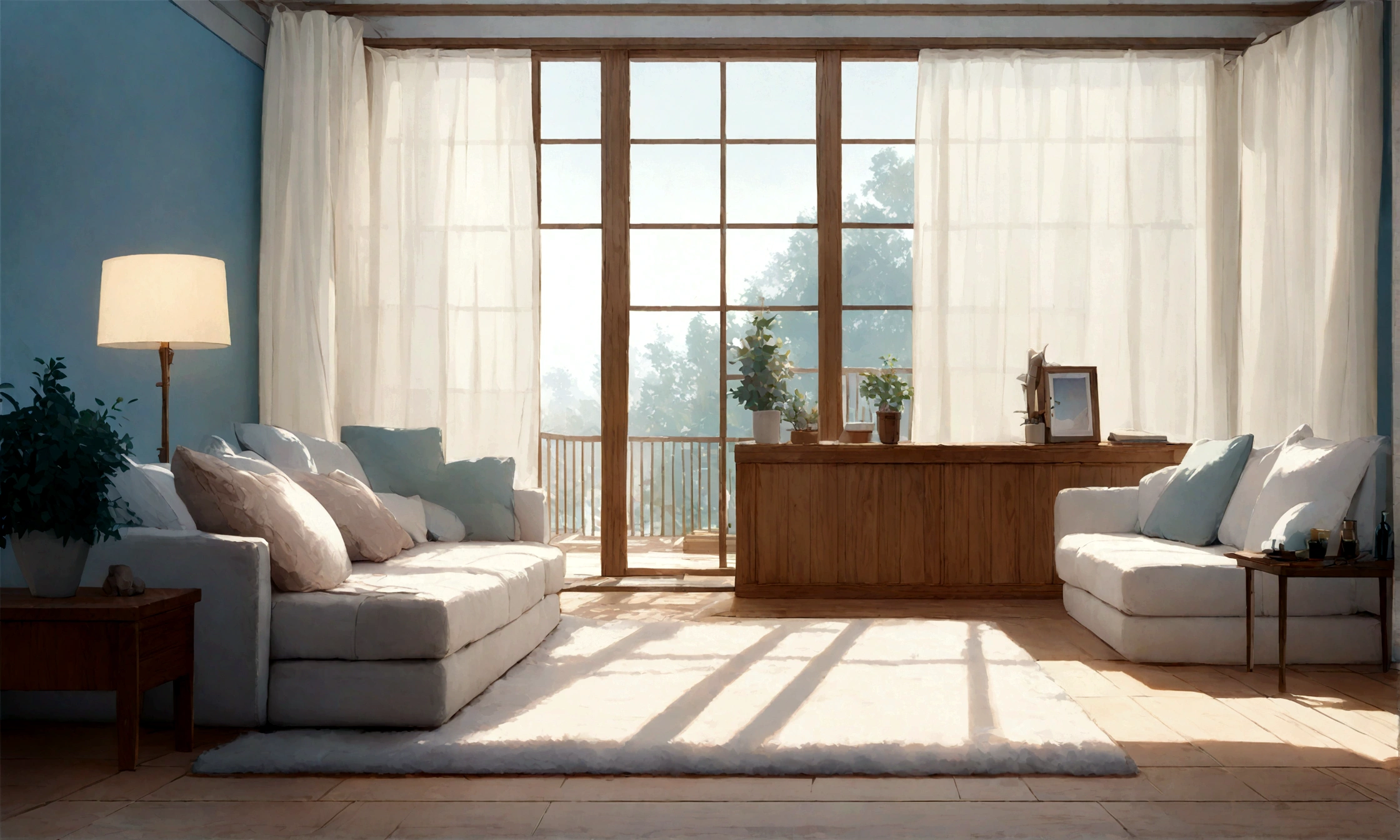 Describe a European-style living room with a bright and airy atmosphere. The room receives morning sunlight and features a natural color scheme with a soft blue wall and white curtains. A wooden table and wooden deck add warmth and texture. Provide a detailed description of the room, including all the elements, and format it in a high-resolution image with a resolution of 16,000 pixels.