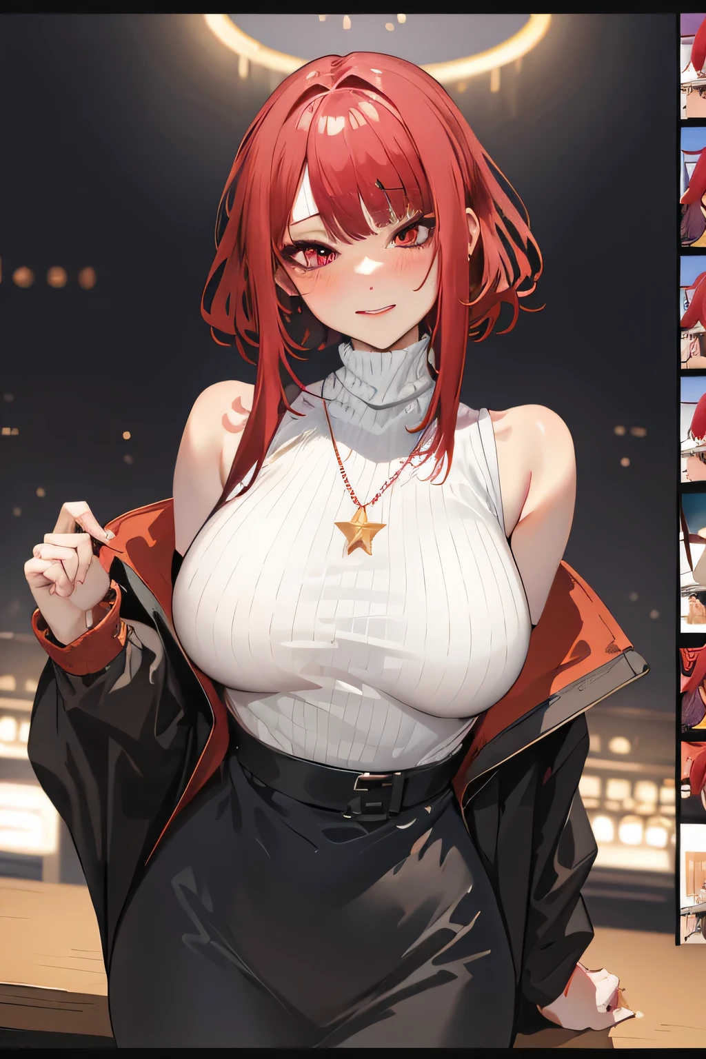 On the table, best quality, pixiv, Cowboy shooting, Red hair,
1 Girl, breast, blush, Sleeveless,Jewelry, looking at the audience, skirt, necklace, Solitary, Bag, sweater, Turtleneck sweater, Sleeveless turtleneck, Jacket, Sleeveless sweater, long skirt, Medium Length Hair, Portable Bag、Confident rich woman standing in front of the camera, Staring into the camera, The surrounding lights flicker，The lively recording scene, ,Star Art Group Star Wind, 32k, best quality, On the table, Super Detail, High Detail,Girl in the video、Display on the monitor、(((View))!Oversized chest，