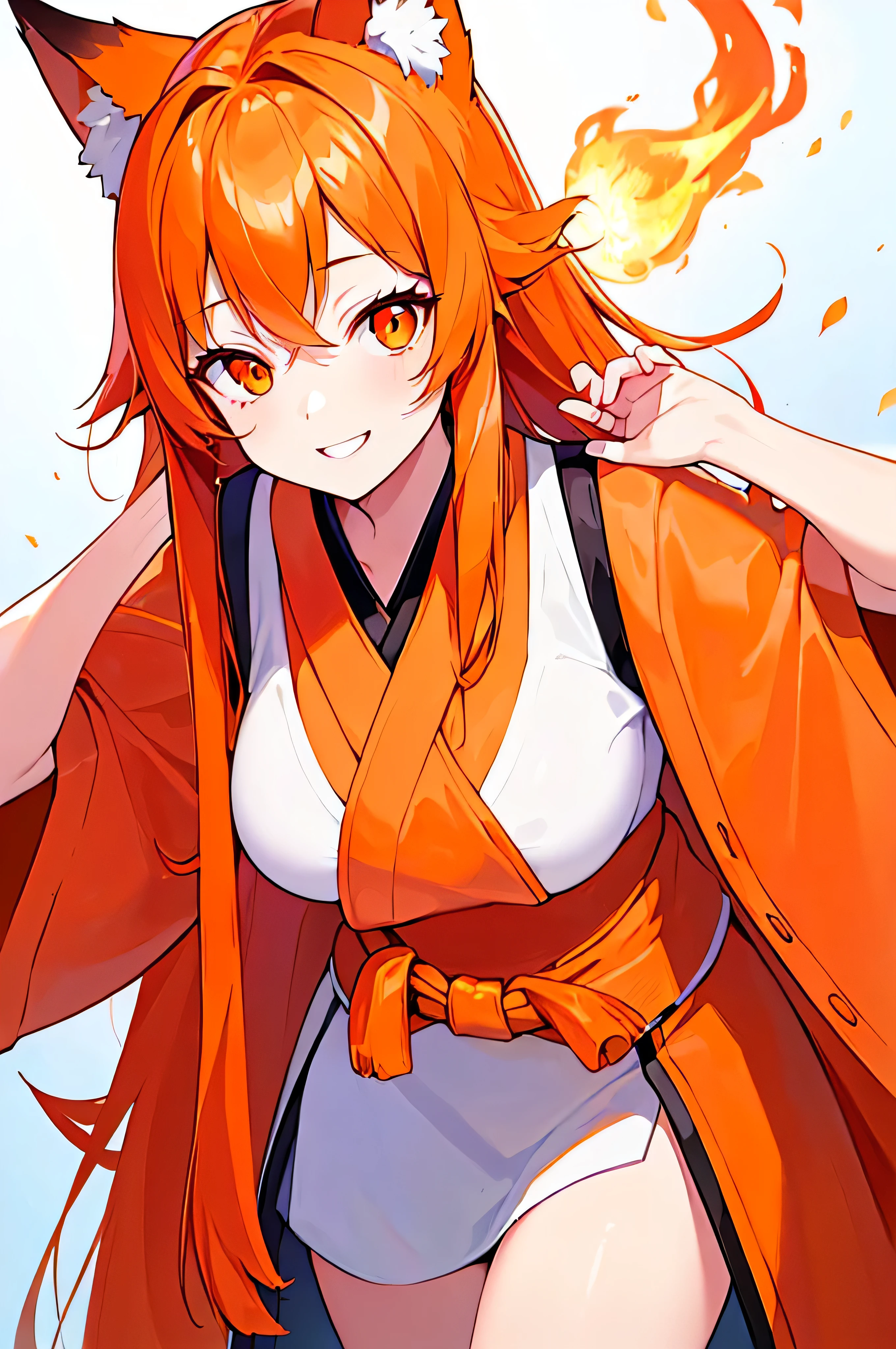 [(WHITE BACKGROUND:1.5),::5], ((((masterpiece)))), high quality, full color, breasts, from_below, focus on eyes, 1 girl, ((Solo)), woman, young, 20 years old, long hair, big hair, orange hair, light smile, fox_ears, (orange eyes), japanese_clothes, (fire blaze effect:1.3)
