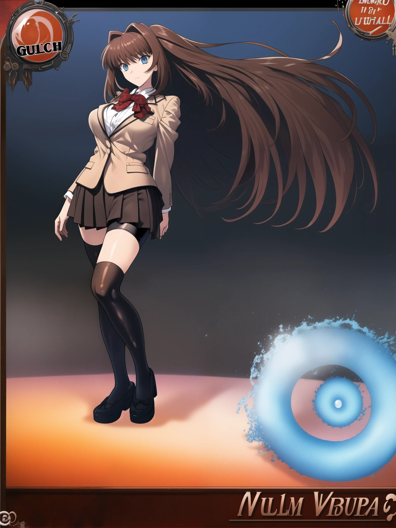 BREAK, centered. BREAK, (EMPTY BACKGROUND), BREAK (masterpiece:1), best quality, high resolution, 8k, illustration, (beautiful detailed eyes:1.5), extremely detailed face, extremely detailed body, CG, perfect hands, perfect anatomy, (((1girl))), ((solo)), ((bbaoko)), ((2 legs max)), ((2 feet max:1.6)), ((swirling vortex shaped longest brown hair:1.5)), (brown longest hair with slightly reddish undertone:1.6), (lush luscious longest brown hair:1.6), (very long voluminous longest brown hair:1.5), serious, blue eyes, red bowtie, (Form-fitting beige blazer:1.5), brown jacket, (highly detailed beautiful face:1.2), (white shirt:1), (well shaped large breasts:1.6), (nice hips:1), (((Umber pleated thigh-high skirt:1.6))), (((black bike shorts:1.4))), (toned thighs:1.6), (jetblack thighhighs:1.6), (strap shoes brown color), (facing front:1.5), ((standing straight:1.5)), ((Fullbody in frame:1.6)), ((Full body:1.5)), ((takeuchi takashi:1.3))