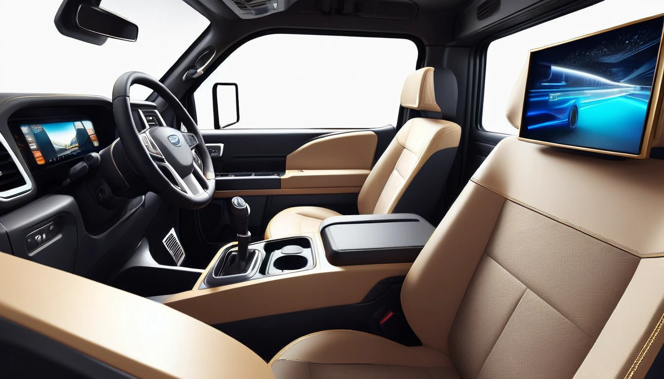 inside the cabin of a truck, steering wheel, speedometer panel, gearshift lever, driver's seat and double passenger seat, in the passenger seat, rest bed on the back of the seat, equipped with LED TV and state-of-the-art stereo generation, ultra detailed, realistic appearance, intricate details, best quality, perfect, 8k