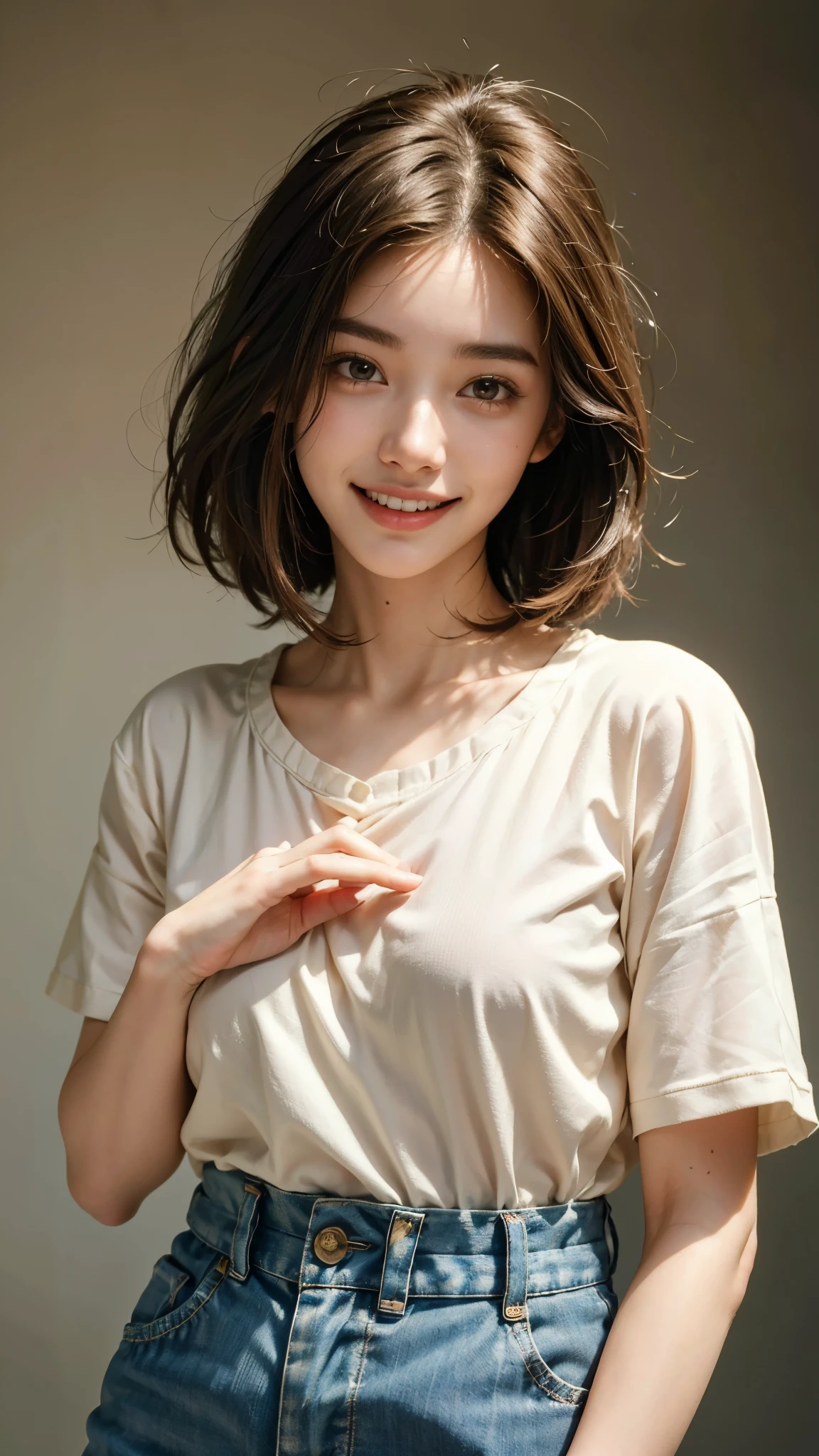 (highest quality, masterpiece, Ultra-high resolution, photo-Realistic:1.6), (Portraiture, Face to face), 1 girl, 19 years old,Mature face,Raise your arms and clench your fists, (K-POPアイドルコスチューム), (Very short hair), (short bangs above the eyebrows,,), (Look up at the audience), Realistic, (Simple solid color background), Image Media Chest), (Smile with visible teeth)