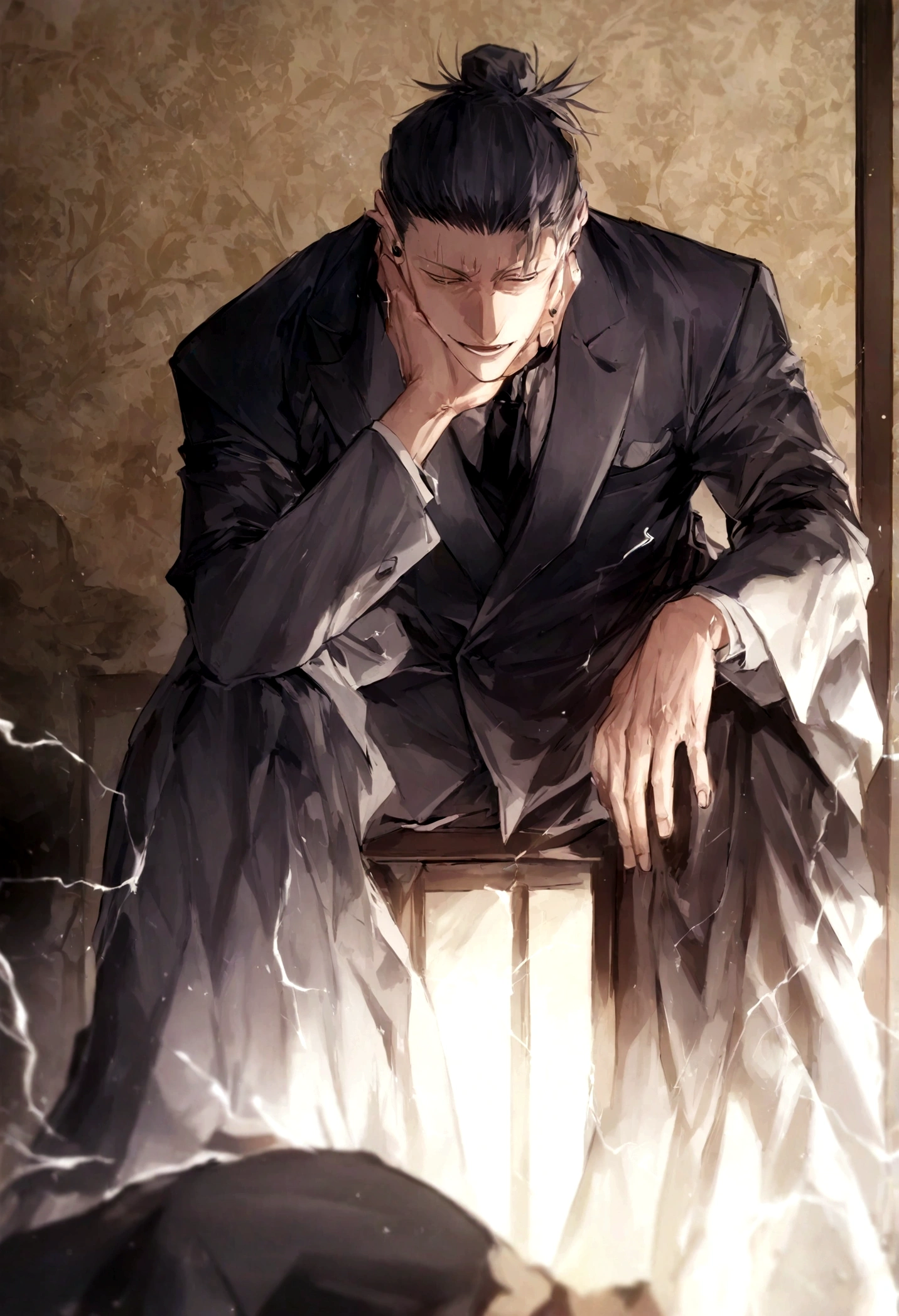 1 boy, Men's Center, Satoru gojou,Jujutsu Kaisen、Injury, electricity,, masterpiece, highest quality, so beautiful,
