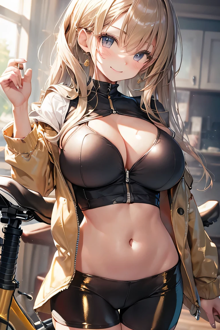 highest quality、超High resolution、High resolution、Highly detailed CG、8k unit wallpaper、(((Perfect photo))), One Girl, alone, , Azusa Nakano, , Jacket, View Audience, smile, (Huge breasts), SFW with hidden breasts, Big ample breasts!, SFW Big, Beautiful and seductive anime woman, huge bountiful breasts!!, Bust ratio adopted, highest quality, Official Art, Best Anatomy, (Ultra-shiny metallic gold bike shorts,:1.5)、((Dynamic pose))、Cowboy Shot, From below、((Focus on the lower body)),