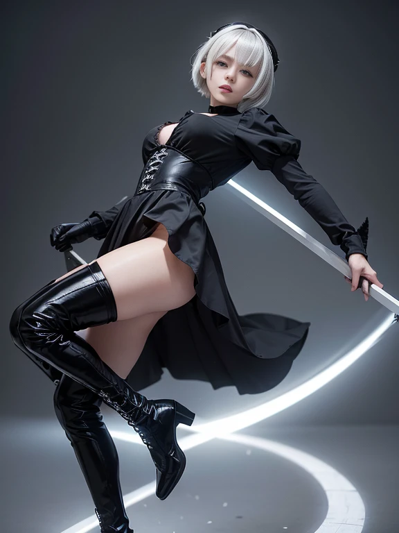 8K,Masterpiece,One woman,Holding a naginata,Smile,30 years old,blue eyes,White Hair,Short Bob Hair,(Gothic Lolita),Dutch beauty,Ella Freya（Ella Freya),(White panties),2b, short hair, Knee socks, gloves, Long sleeve, dress, Slender figure, Cleavage, Small breasts, Gray Hair, hair band, boots, Puffy sleeves, black Knee socks, Black footwear, Mole, black dress, High heels, leotard, Clothing cutouts, thigh boots, Cleavage cutout, black hair band, Juliet Sleeve, high heel boots,Dynamic Angle,Panty Shot