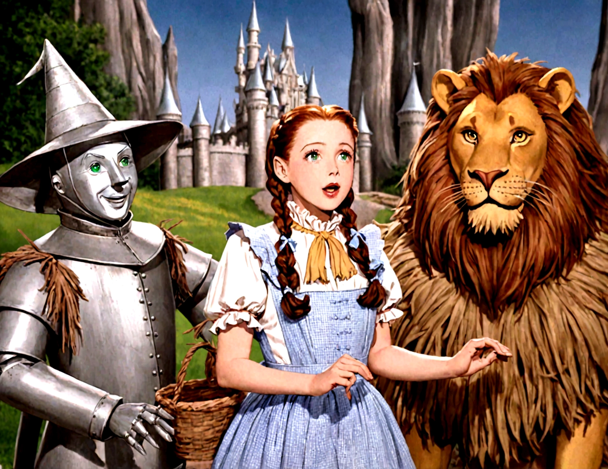 Stills from The Wizard of Oz，Male Tin Man，Male long nose scarecrow，Little girl Dorothy，lion，Half-length photo，The background is a castle made of emerald
