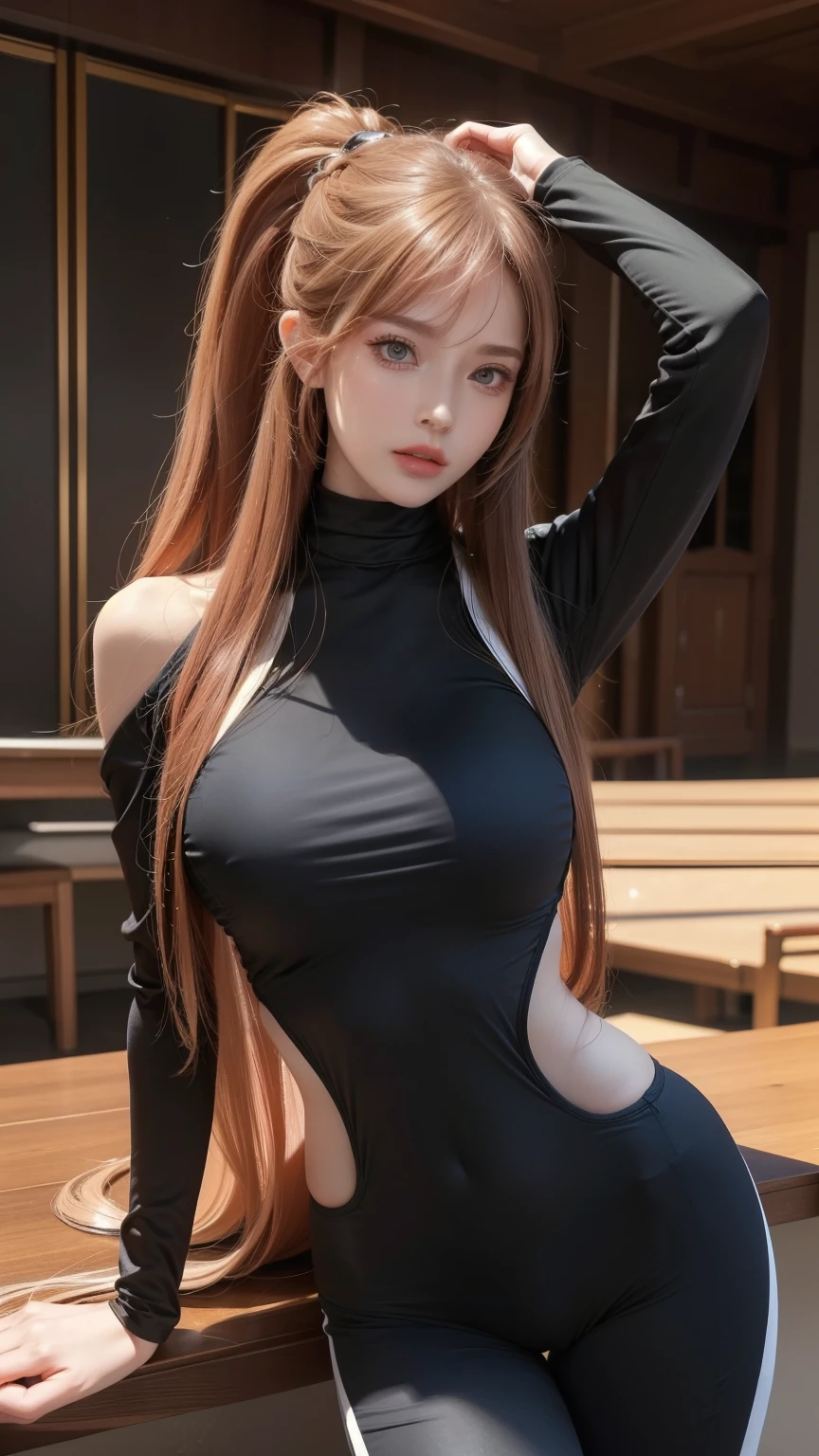 Stretching exercises,(Scenes,fantasy art,Highest image quality,hyperrealistic portrait,(8k),surreal,best quality,high quality,HD,High quality texture,high detail,Beautiful detailed,fine detail,Extremely detailed CG,Detailed texture,True representation of face,on the table,present,Dynamic,bold),1 gil,Super fine skin,curve,,beautiful ,big breasts,pale skin,Pointed chest,Erect nipples,ponytail,(ultra thin hair),(super soft hair),(super straight hair),Sweep long bangs,very light copper amber hair,hair covering one eye,Gym suit