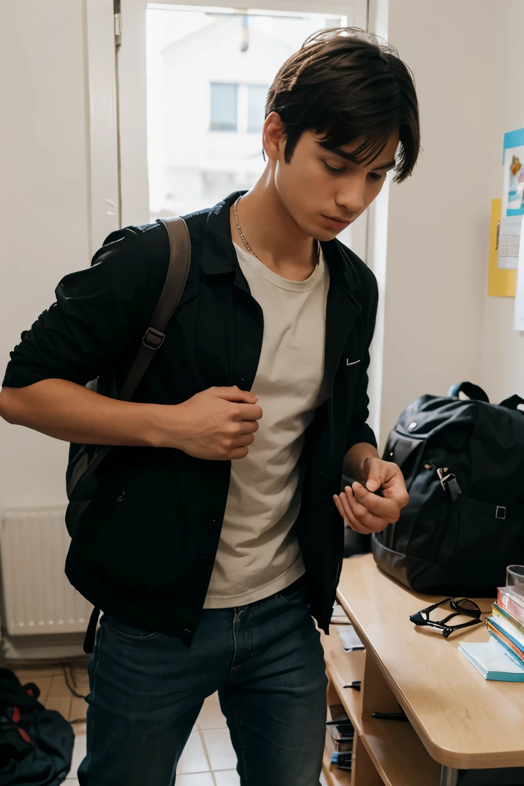 Inside a small apartment, a young man (Adam) is seen packing his school books into a bag.