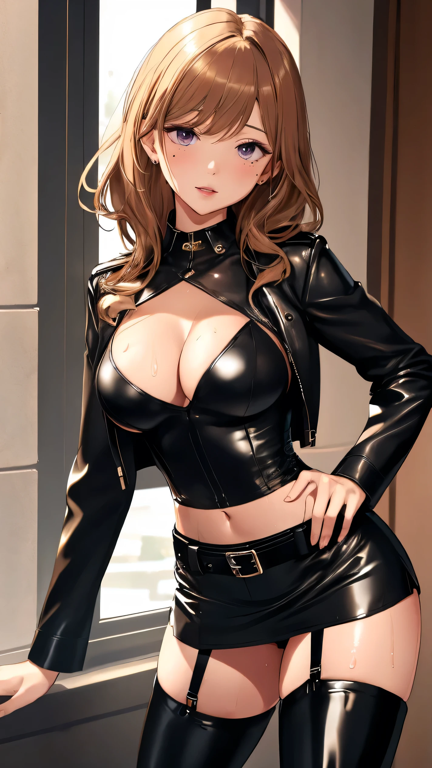 High resolution, woman , good lighting, despicable, , (No nudity), (((Leather tight mini skirt))), ((tight leather top)), (((leather thigh high boots))), (garter belt), abdomen only, (wet shorts),  ,  cute face, I&#39;m embarrassed and blush, humiliating, ((spread your legini skirt))