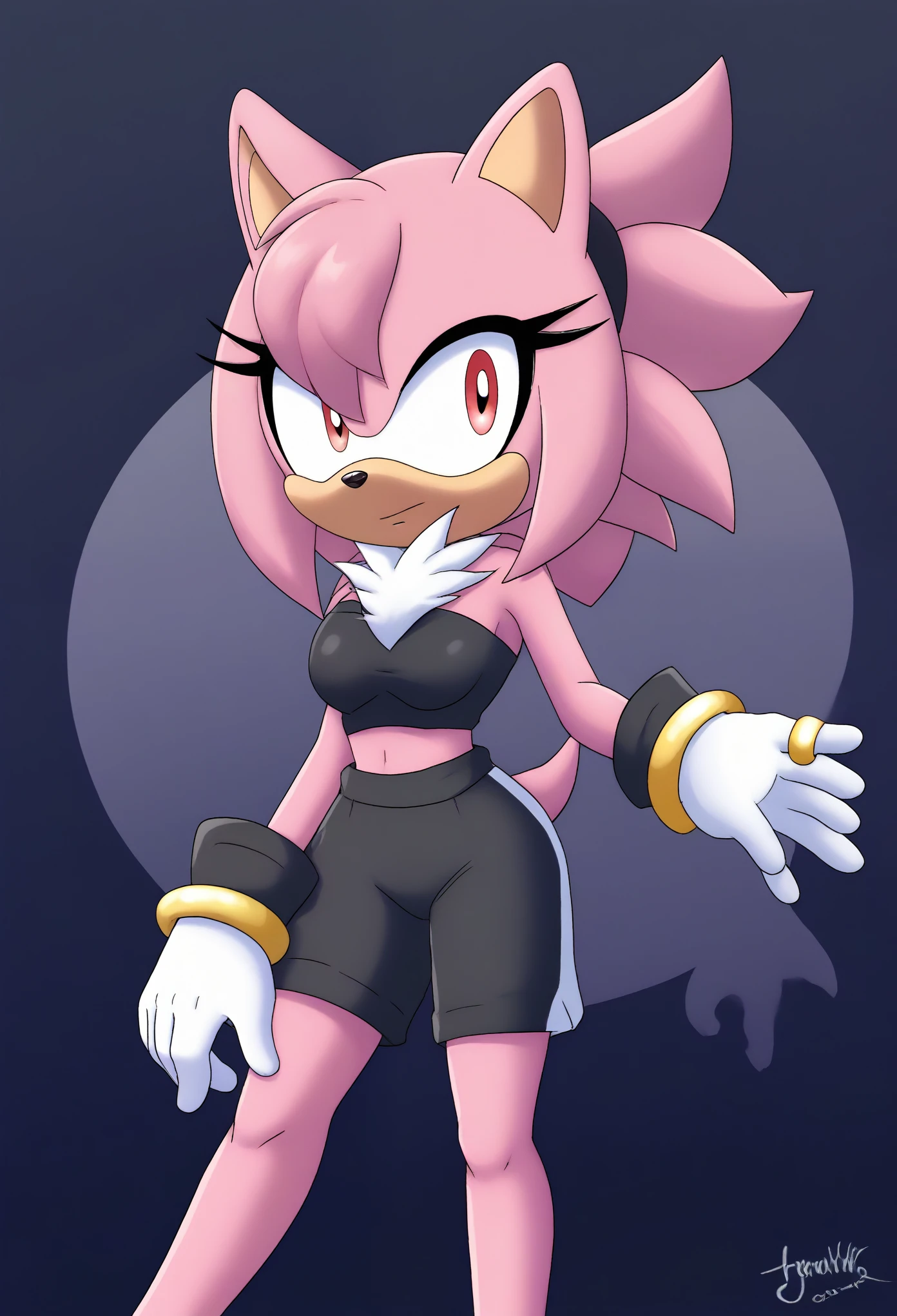 (1girl), (solo), Female Hedgehog, female Shadow, daughter of Shadow, (((pink fur))), ((Shadow the Hedgehog hairstyle)), (short quills), ((3 large hair bangs)), (side locks/quills over shoulders), red eyes, red patches of fur around eyes, (medium breasts), (small tuft of white chest fur around the neck area), (gray tube top), ((black yoga shorts)), white gloves with gold ring cuffs, eyelashes, tough expression, daytime, mobian, mobius city