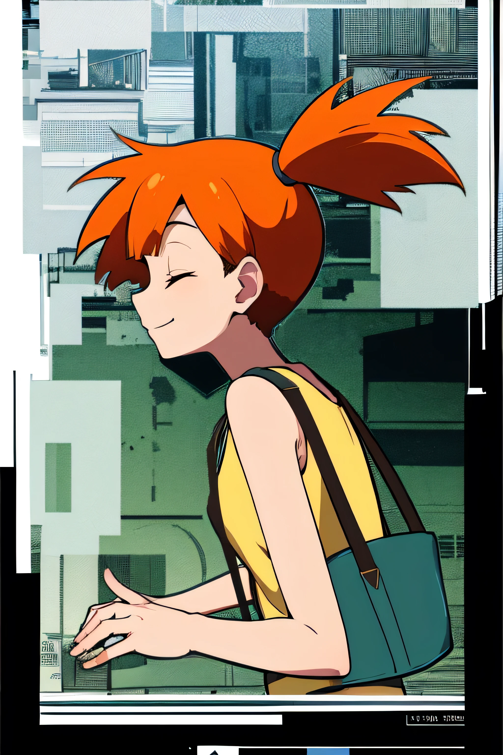 Misty,side view,orange hair,sleeveless,yellow top,hair tied,viewed from side,eyes closed,side view,sensual expression,slightly leaned forwards,leaning in,smiling,viewed from side,looking up,head tilted upwards,smiling,closed eyes ,standing,full body ,viewed from side