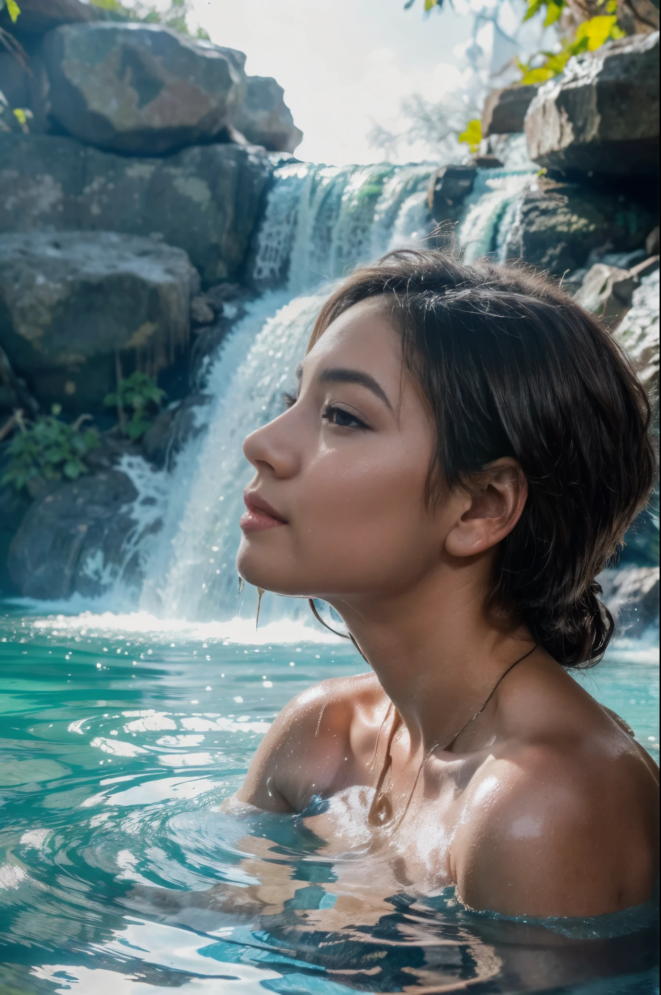 8k, Hi-res, HQ, masterpiece, photorealistic, A low angle portrait of a young girl (soaking under the waterfall:1.3) and (placed her breast on the stone), wearing  (nothing:1.3), surrounded by a foggy atmosphere), exposed breast, alluring gaze, beautiful face, mesmerizing eyes, luscious lips, (ponytail hair:1.3 with (brunette color hair:1.2)), erotic pose, sensual looks, wet body, soft skin, perfectly huge droopy breasts with soft skin, exquisite details, captivating beauty, confidence, elegance and charm, all eyes on her, desirable, irresistible temptation, sultry mood, enticing allure, sizzling sensuality, enticing slim body, feminine grace, teasingly erotic, captivating posture, naughty innocence, forbidden desire, unrestrained passion, creamy complexion, inviting gaze, bewitching smile, curvaceous silhouette, slender posture, skinny body, collarbone, perfect hand, playful imagination, intimate moment, photon mapping, natural lighting, cool color, aesthetic, unique, (facing forward:1.3)