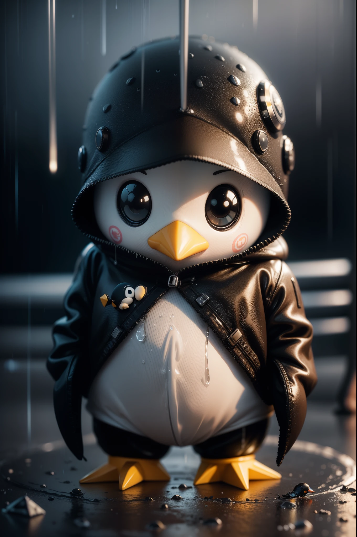 Little penguin stuffed animal 3D, Wet, (cyber punk:1.1), rain, colar de Bitcoin, spectacular realistic, rutkowski, HDR, intricate details, very detailed, cinematic, noctilucent ring, calm colors, Bitcoin