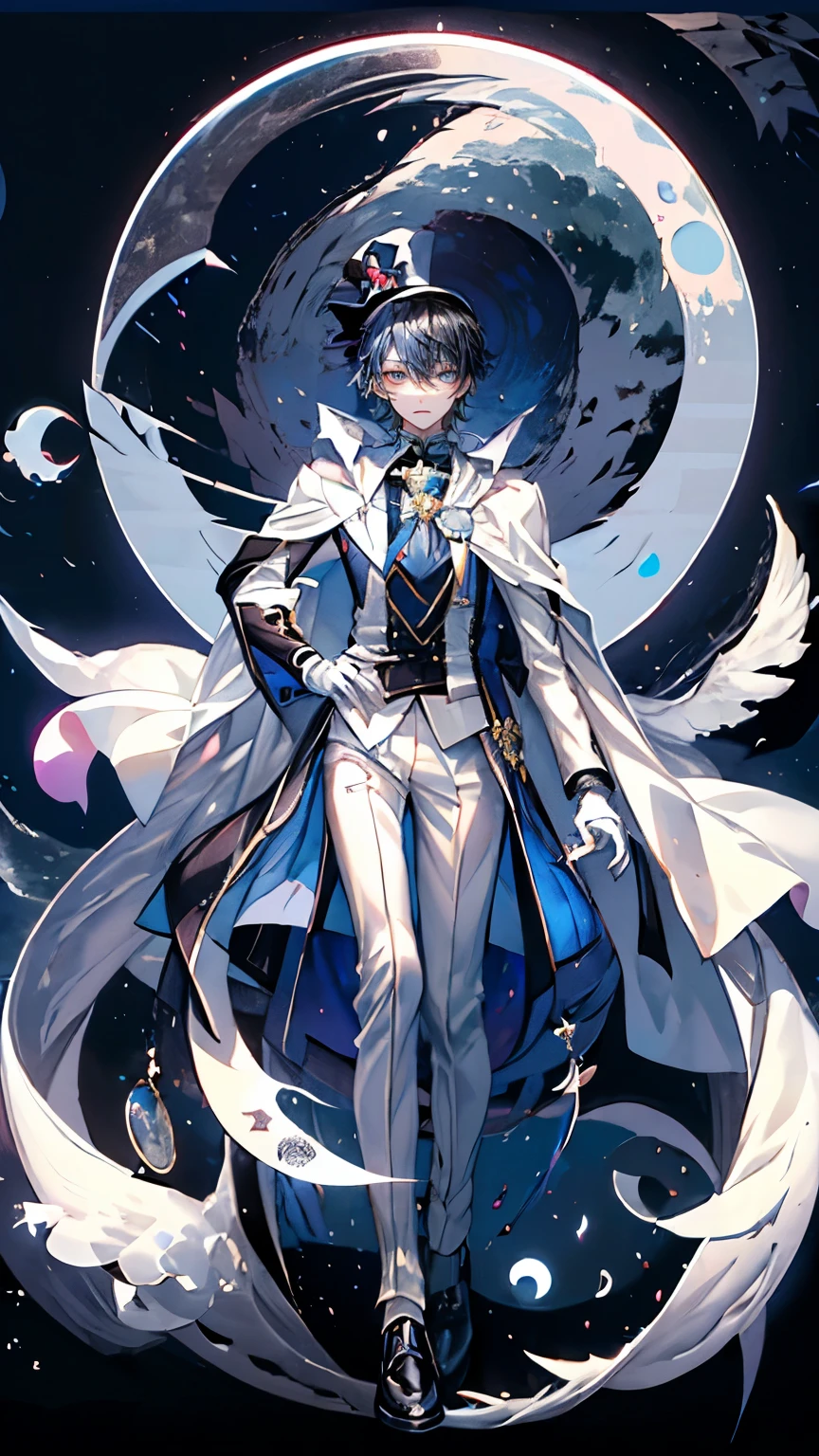 (Mastepiece), (Best Quality), Very detailed, ((17 year old boy:1.5)), Perfect Face, Beautiful Face, Very detailedな顔，(Full body photography:1.3)、(Black short hair:1.3)，Thief、((White Suit 1.4))、(Blue Shirt)、(Pink tie)、((White Top Hat 1.4))、((White Cape:1.4))、(White Gloves 1.4)、(Monocle 1.3)、(Playing cards 1.2)、(White Moon:1.4)、(Night Sky:1.5)、(White Dove:1.3)、magician、gem