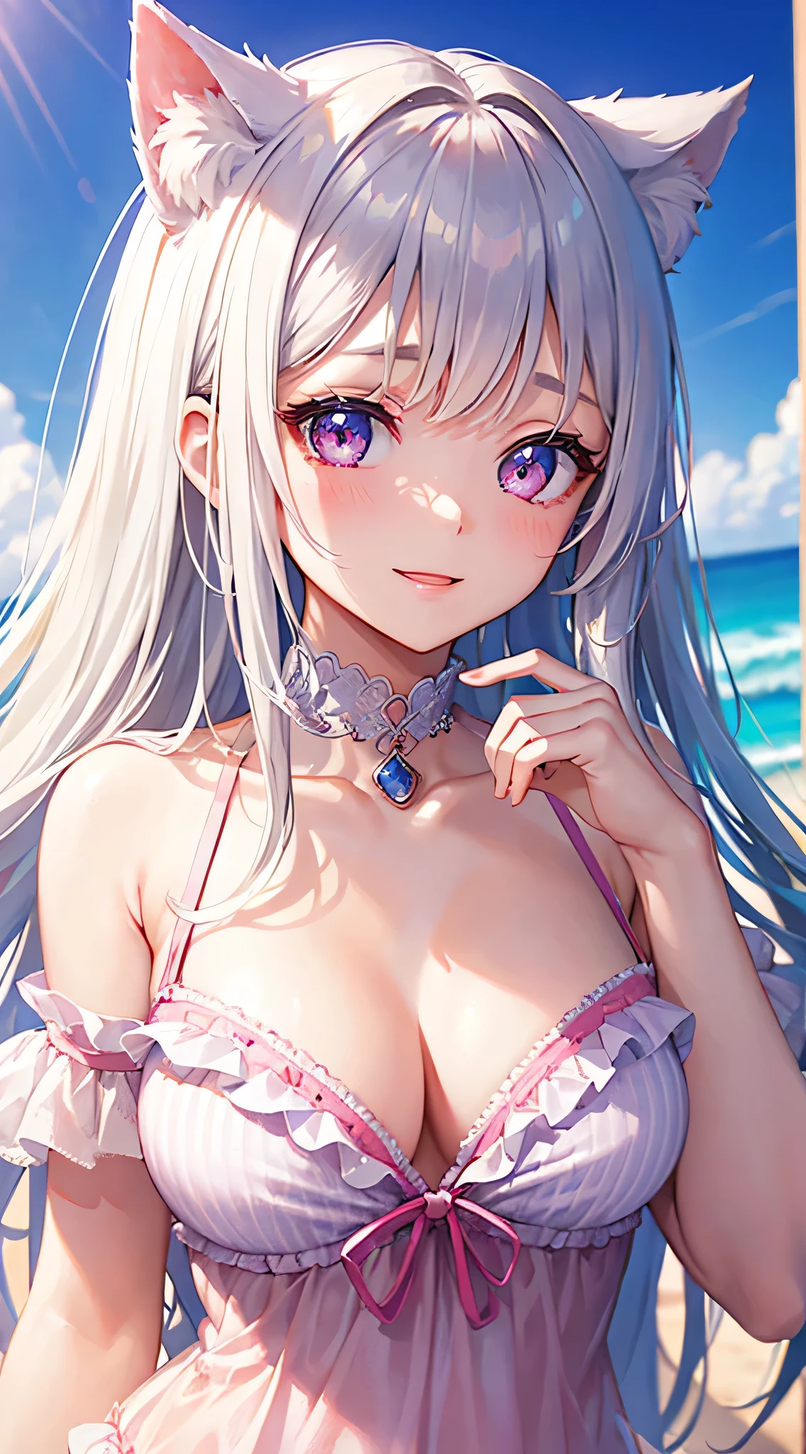 masterpiece,highest quality,Highly detailed face,fine grain,Waterfront,bubble,Sparkling eyes,Highlighted eyes,,pretty girl,smile,Cat ear,Beautiful silver hair,Pink inside,Beautiful pink eyes,Swimwear、Frills,middle chest